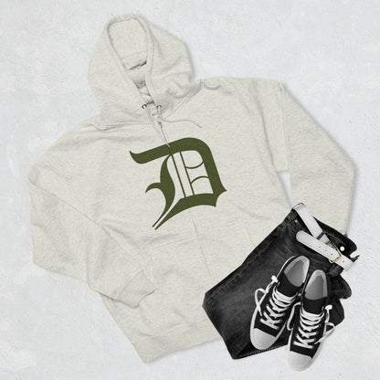 Detroit 'Old English D' Hoodie (Full-Body Army Green) | Unisex Full Zip