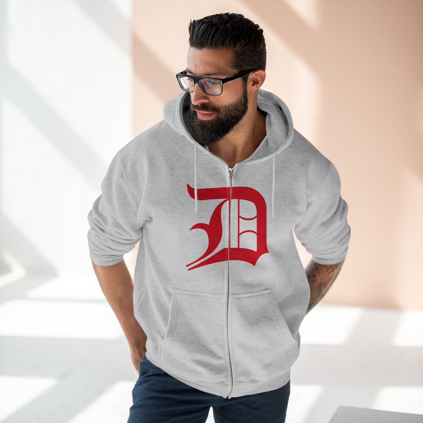 Detroit 'Old English D' Hoodie (Full-Body Aliform Red) | Unisex Full Zip