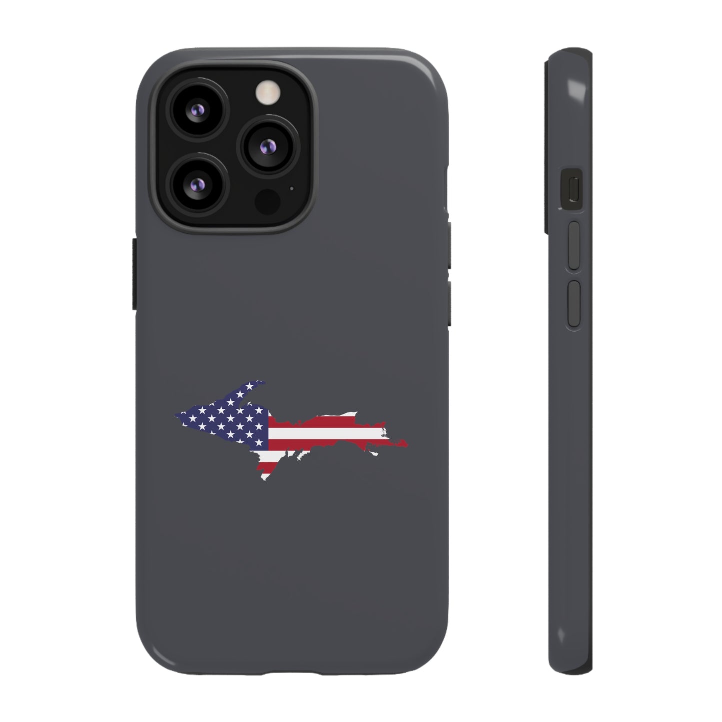 Michigan Upper Peninsula Tough Phone Case (Iron Ore Grey w/ UP USA Flag Outline) | Apple iPhone