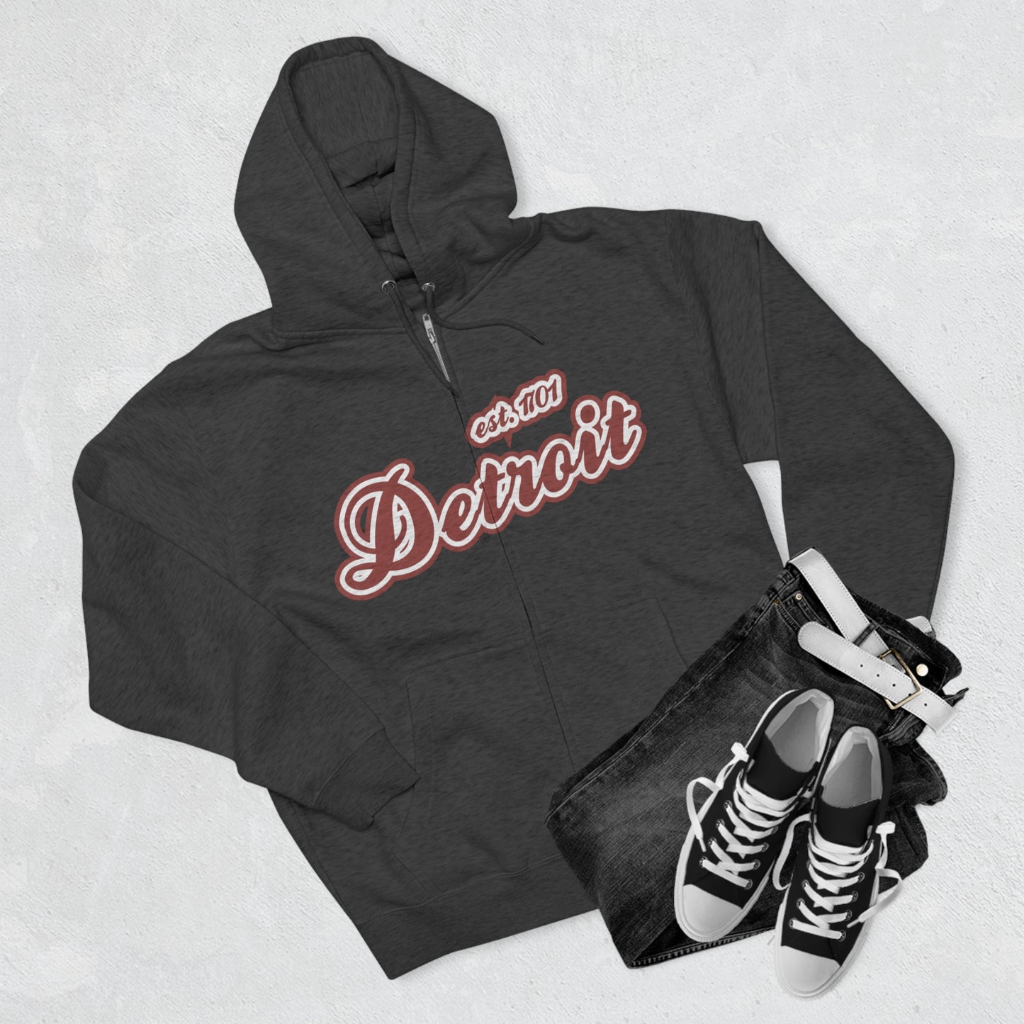 'Detroit EST 1701' Hoodie (Ore Dock Red Script Font) | Unisex Full Zip