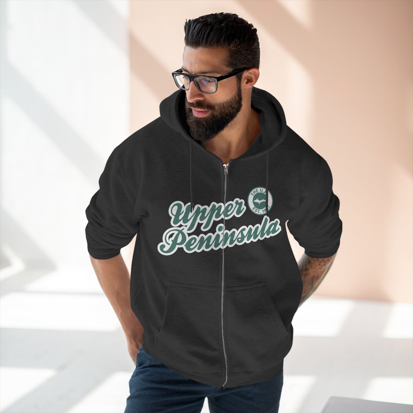 Upper Peninsula EST 1837' Hoodie (Copper Green Script Font) | Unisex Full Zip