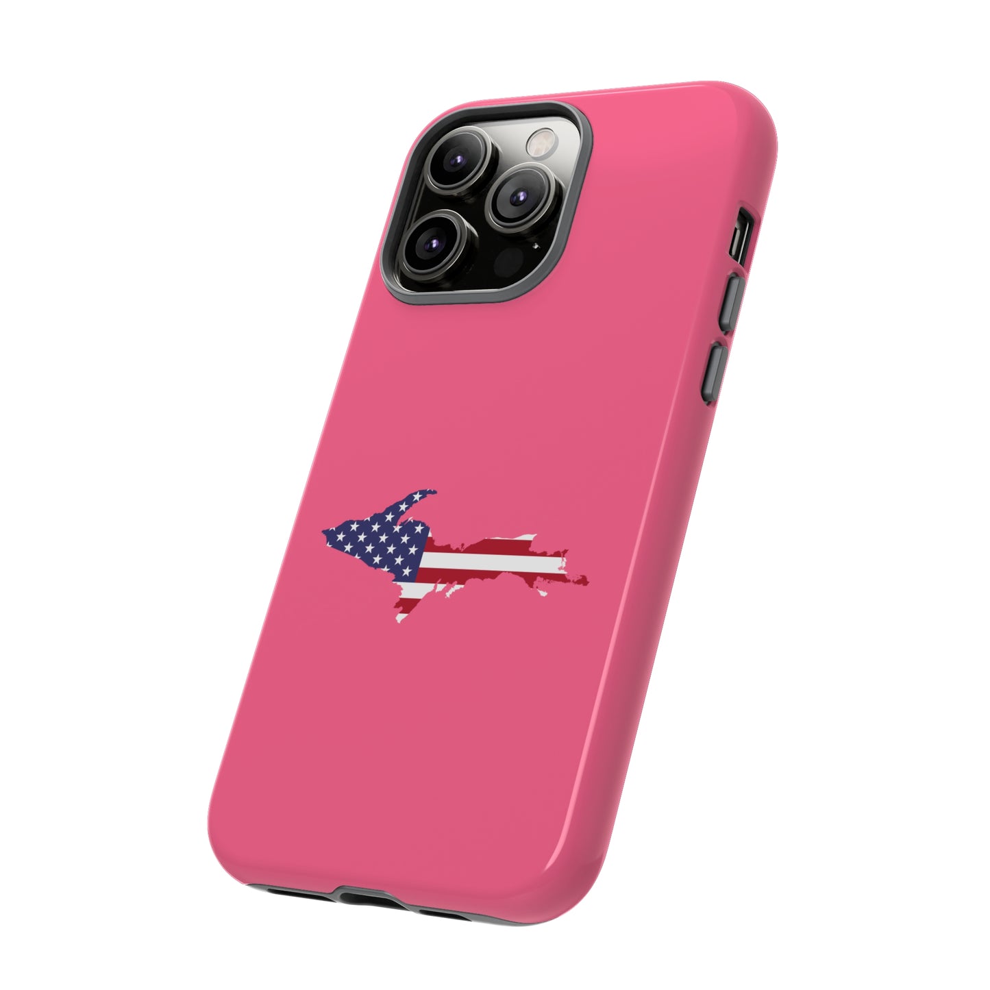 Michigan Upper Peninsula Tough Phone Case (Rhodochrosite Pink w/ UP USA Flag Outline) | Apple iPhone