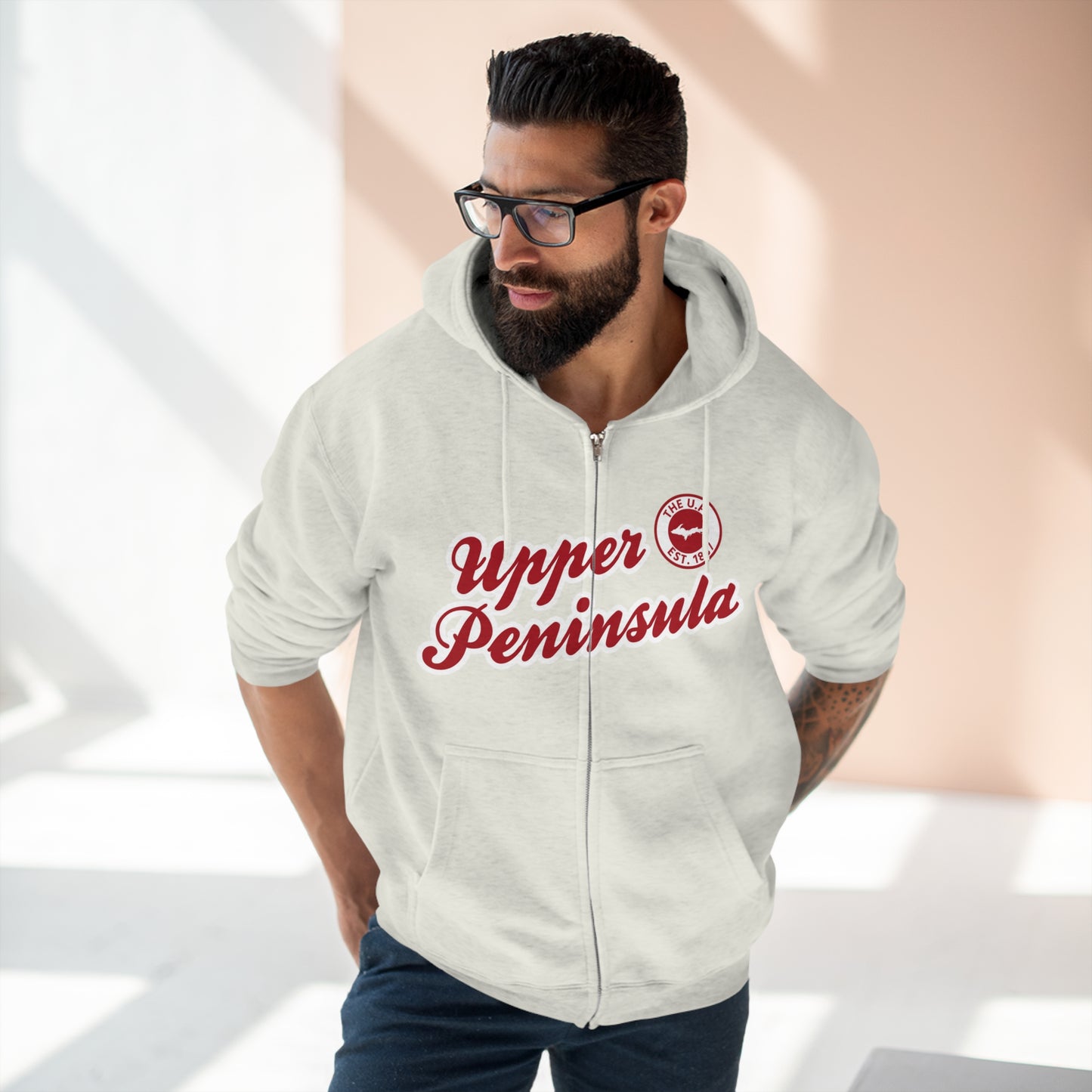 'Upper Peninsula EST 1837' Hoodie (Thimbleberry Red Script Font) | Unisex Full Zip