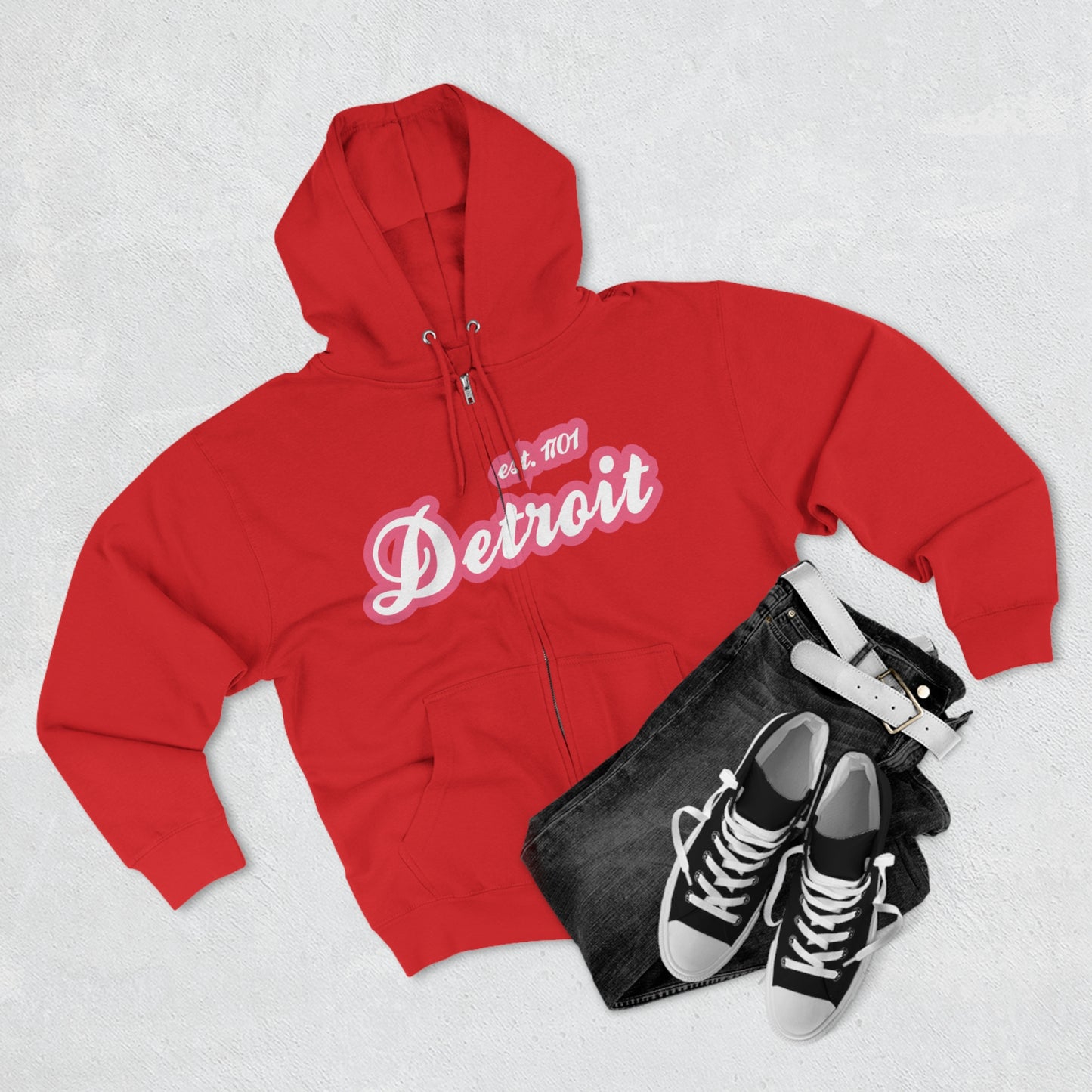 'Detroit EST 1701' Hoodie (Rhodochrosite Pink Script Font) | Unisex Full Zip