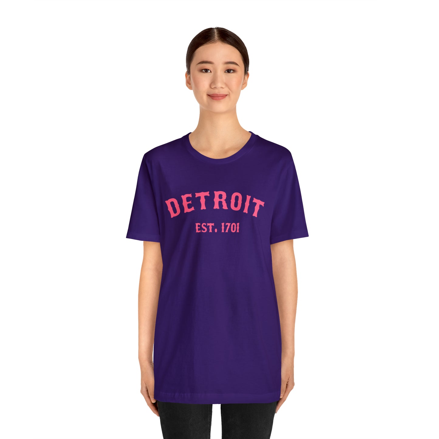 'Detroit EST. 1701' T-Shirt (Rhodochrosite Pink Ballpark Font) | Unisex Standard