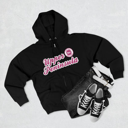 'Upper Peninsula EST 1837' Hoodie (Apple Blossom Pink Script Font) | Unisex Full Zip