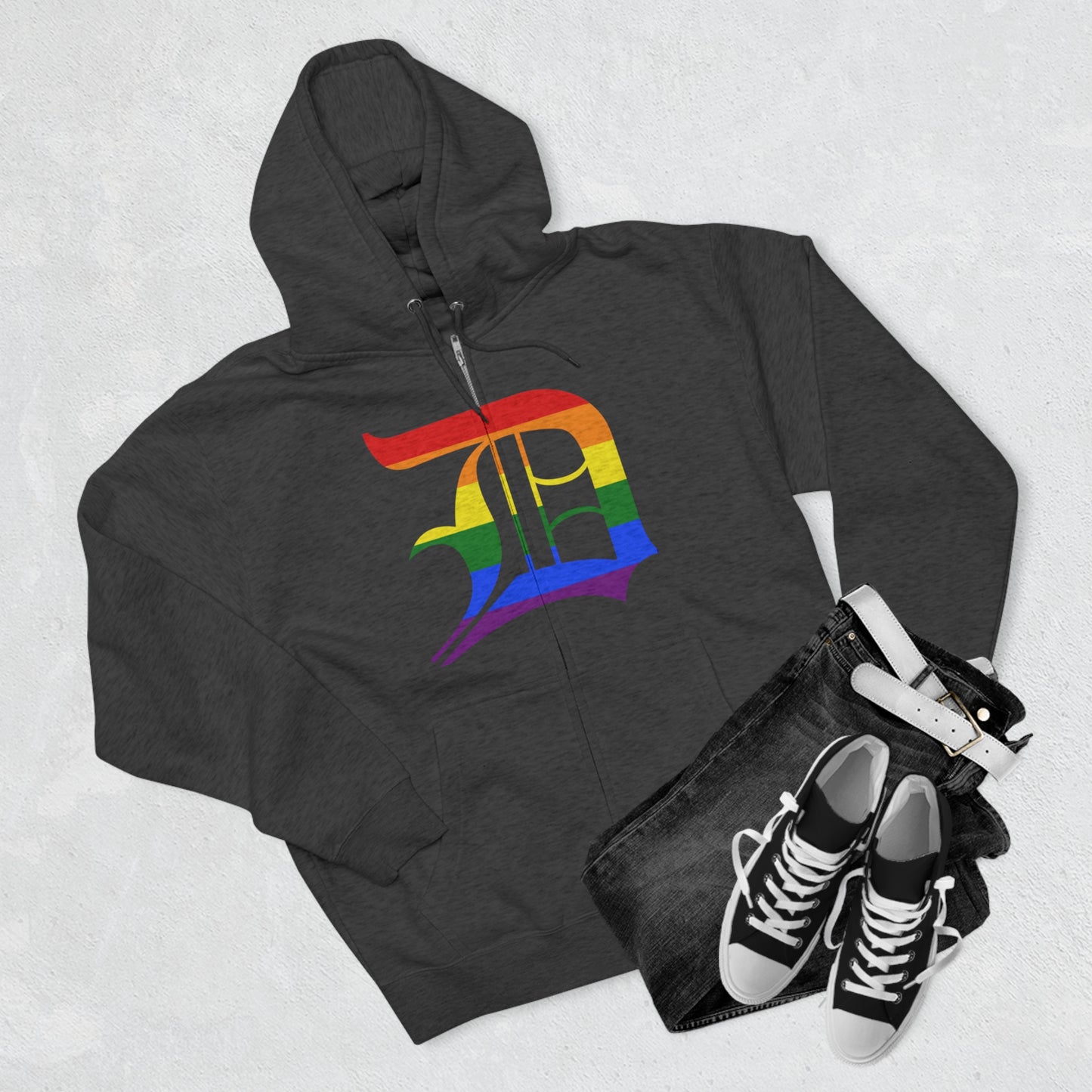 Detroit 'Old English D' Hoodie (Full-Body Rainbow Pride Edition) | Unisex Full Zip