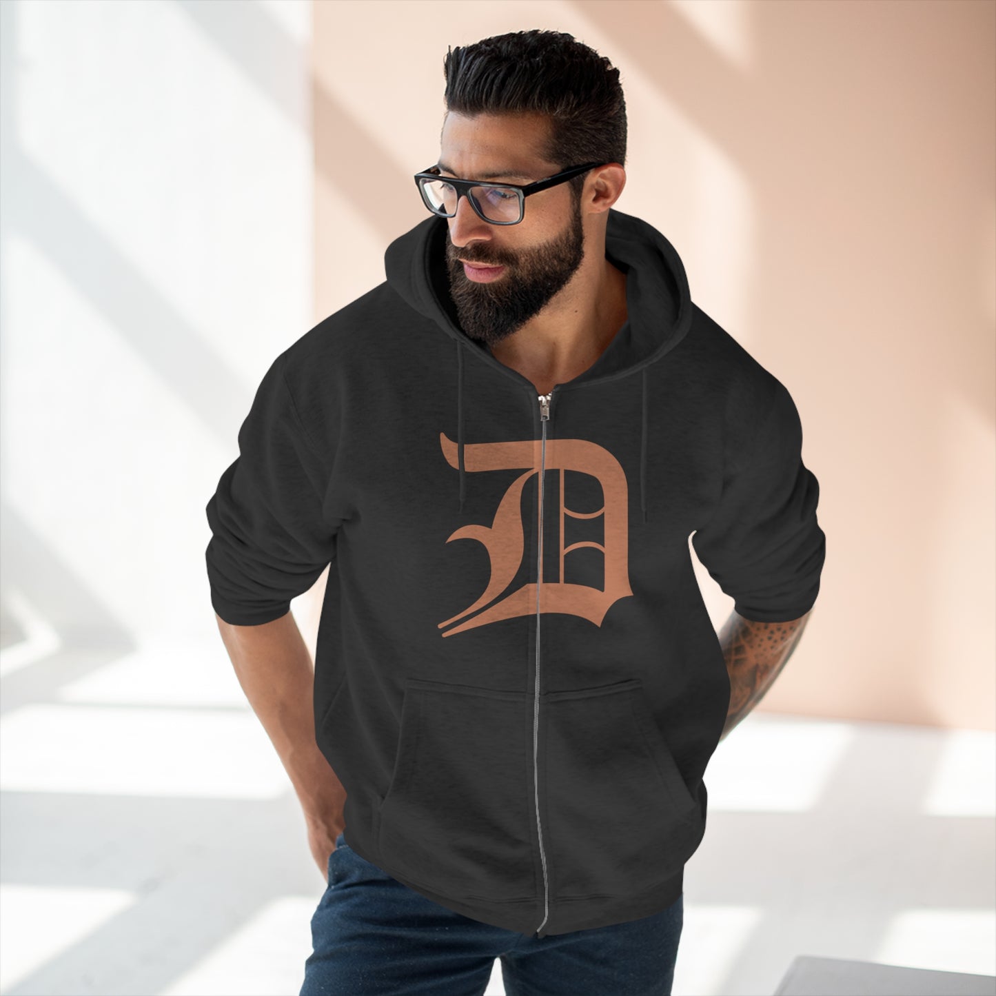 Detroit 'Old English D' Hoodie (Full-Body Copper Color) | Unisex Full Zip