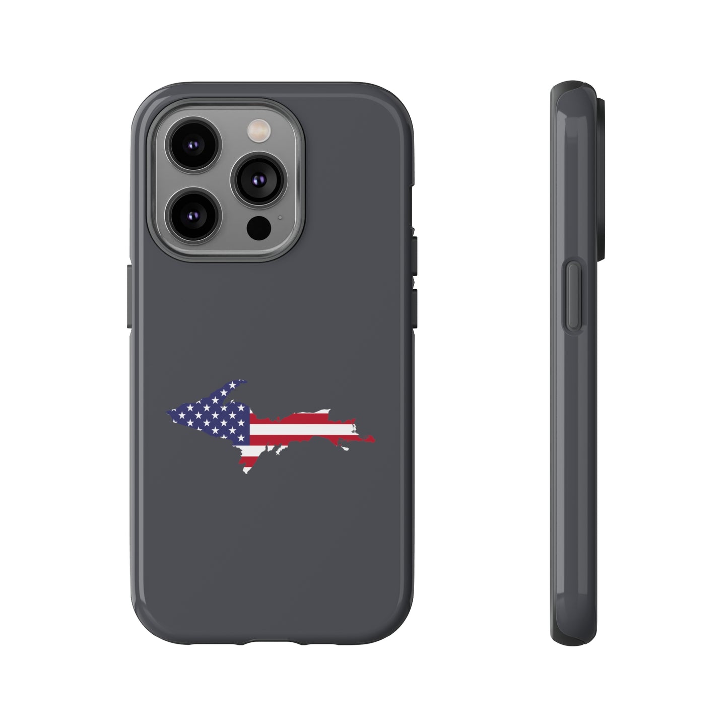 Michigan Upper Peninsula Tough Phone Case (Iron Ore Grey w/ UP USA Flag Outline) | Apple iPhone