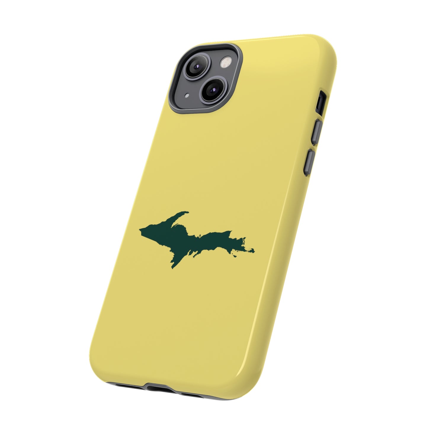 Michigan Upper Peninsula Tough Phone Case (Yellow Cherry Color w/ Green UP Outline) | Apple iPhone