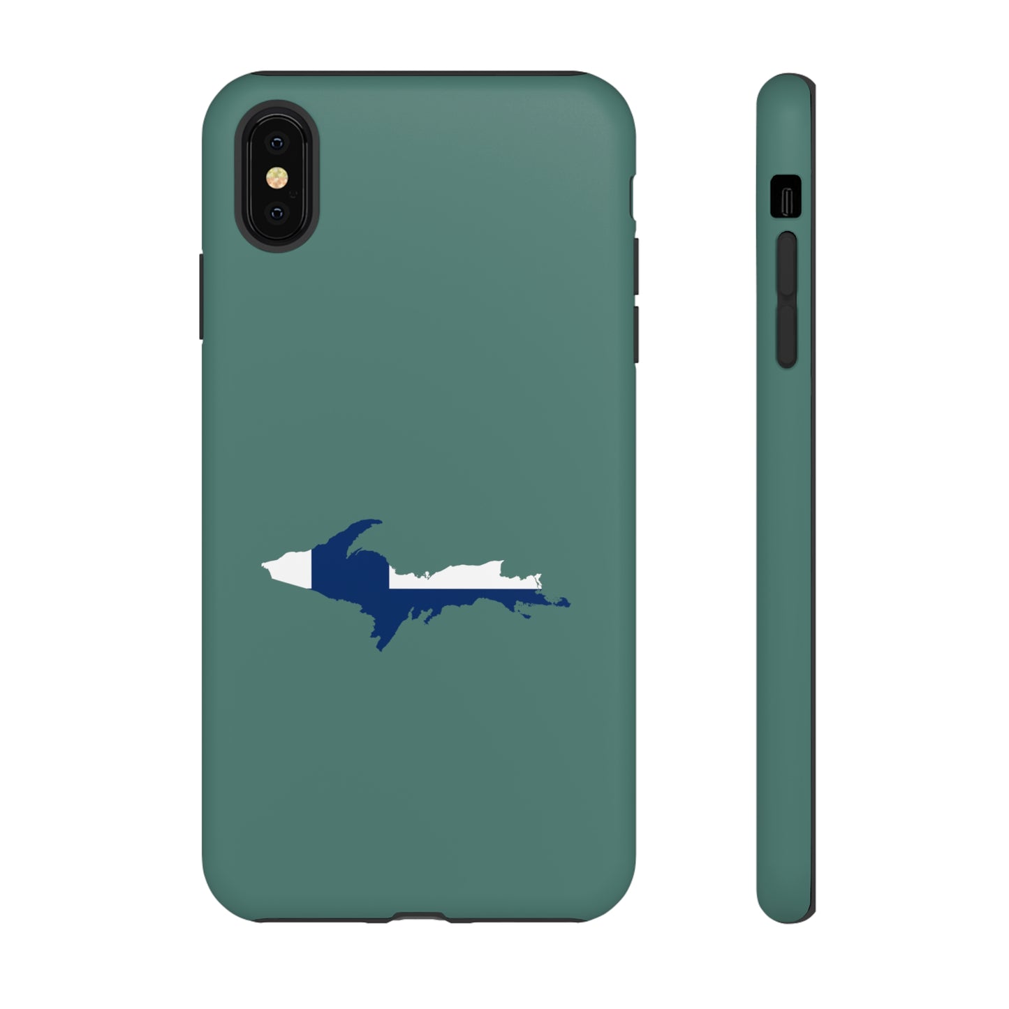 Michigan Upper Peninsula Tough Phone Case (Copper Green w/ UP Finland Flag Outline) | Apple iPhone