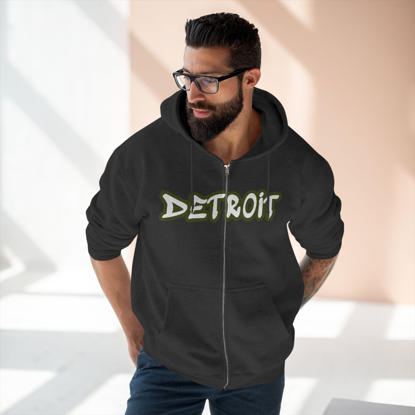 Detroit' Hoodie (Army Green Tag Font) | Unisex Full Zip