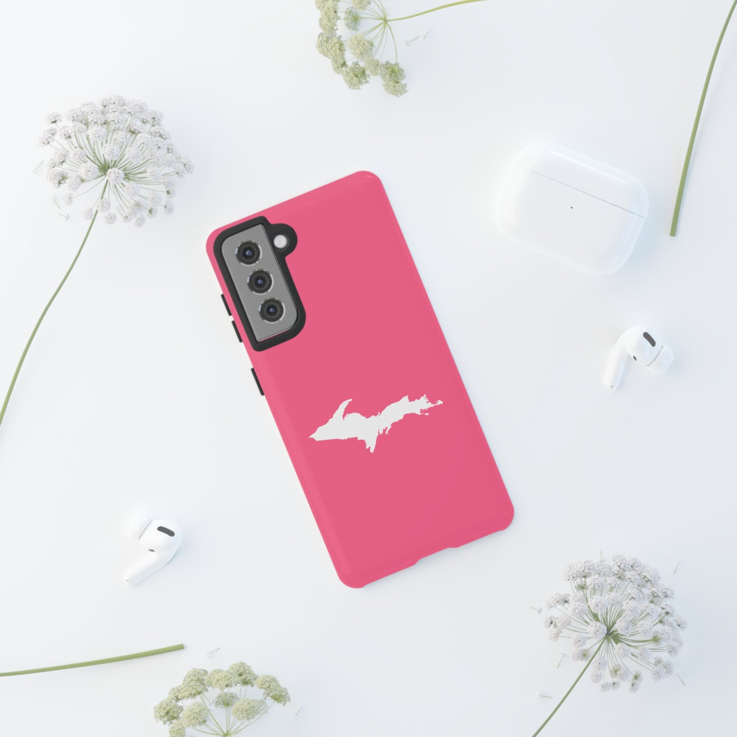 Michigan Upper Peninsula Tough Phone Case (Rhodochrosite Pink w/ UP Outline) | Samsung & Pixel Android