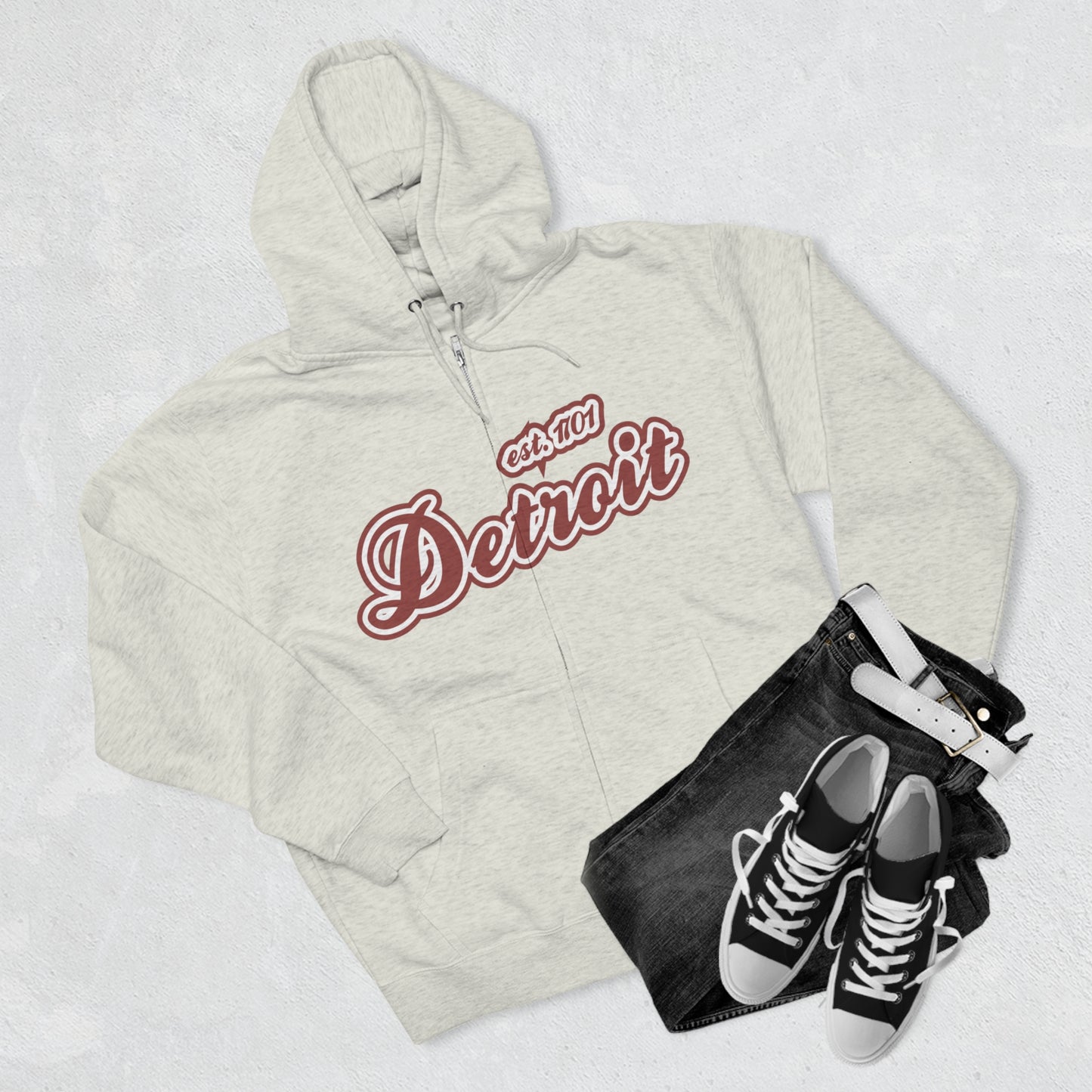 'Detroit EST 1701' Hoodie (Ore Dock Red Script Font) | Unisex Full Zip