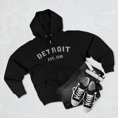 'Detroit EST. 1701' Hoodie (Silver Ballpark Font) | Unisex Full Zip