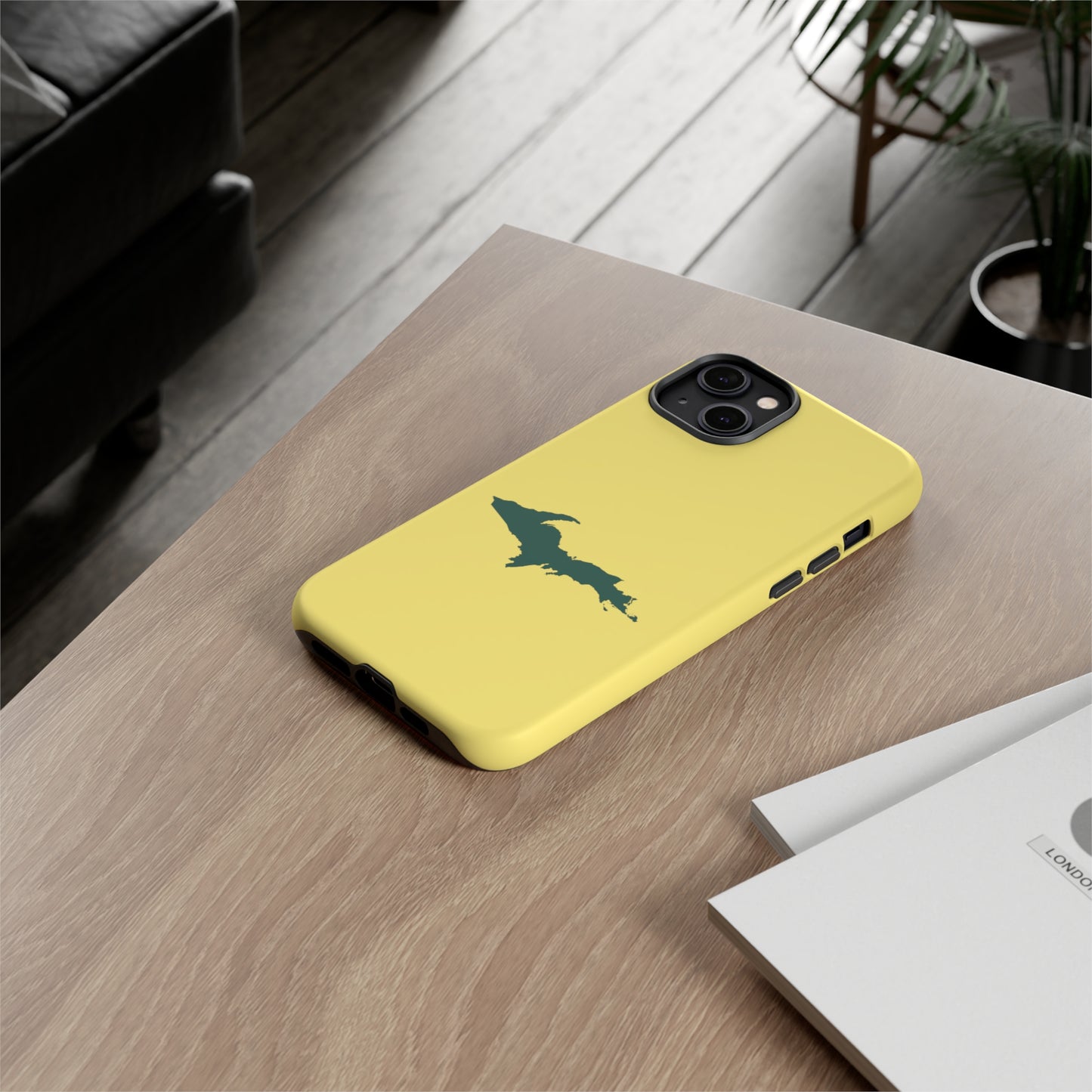 Michigan Upper Peninsula Tough Phone Case (Yellow Cherry Color w/ Green UP Outline) | Apple iPhone