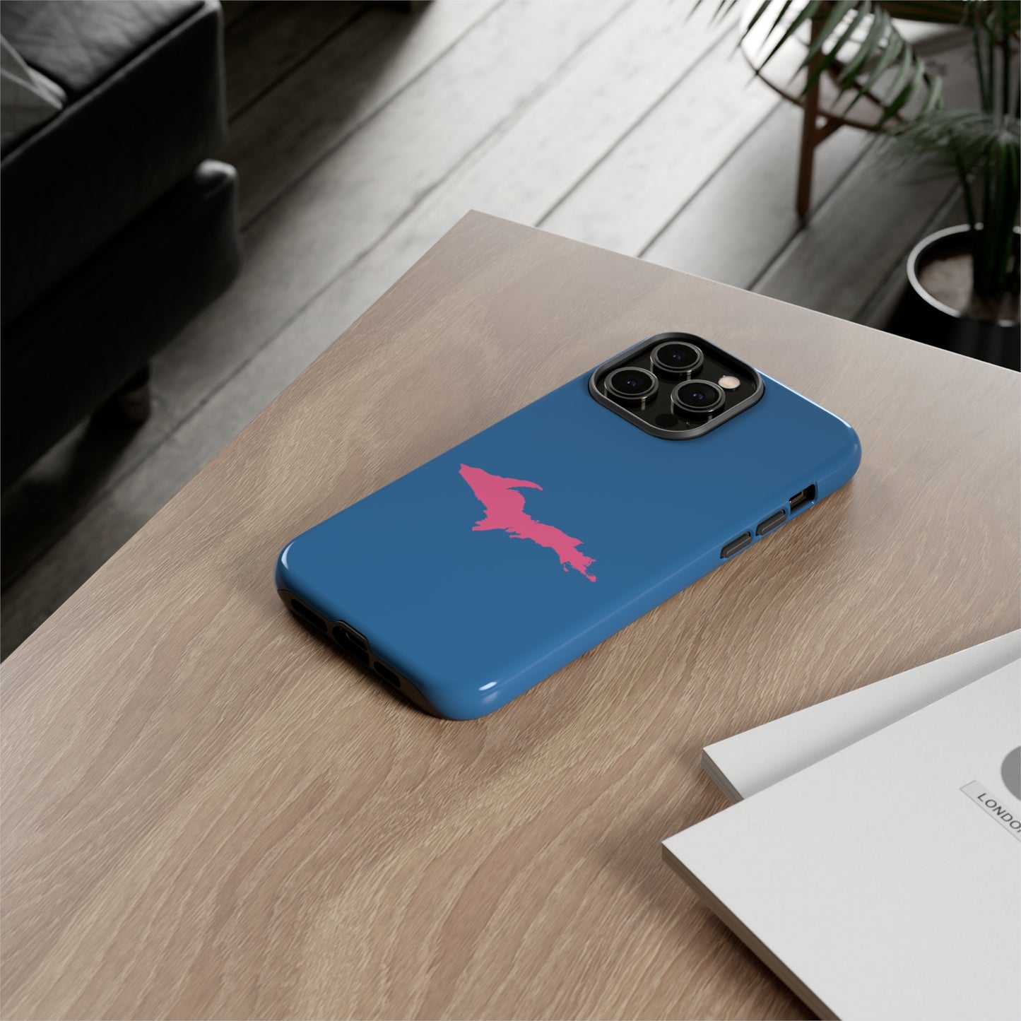 Michigan Upper Peninsula Tough Phone Case (Lake Superior Blue w/ Pink UP Outline) | Apple iPhone