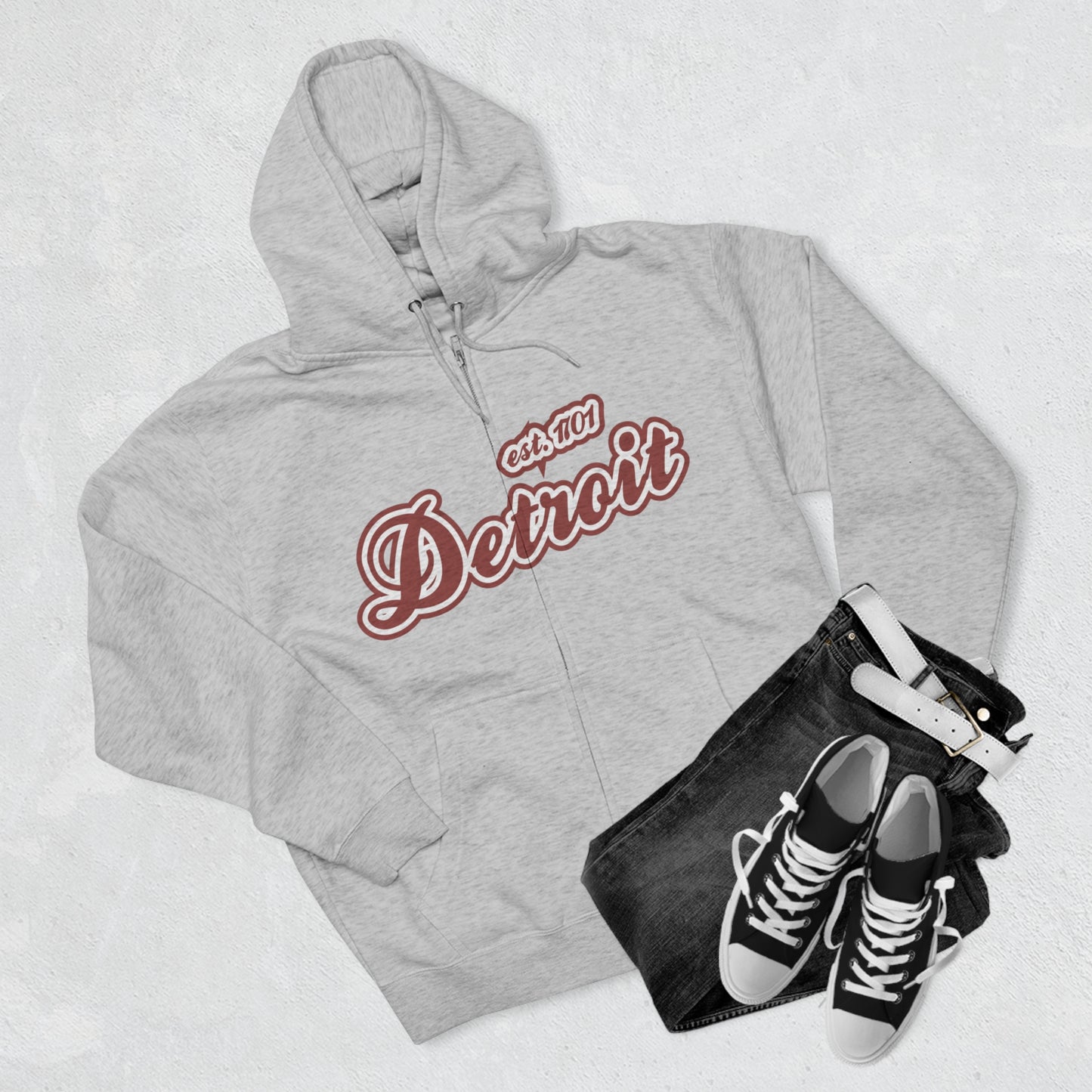 'Detroit EST 1701' Hoodie (Ore Dock Red Script Font) | Unisex Full Zip