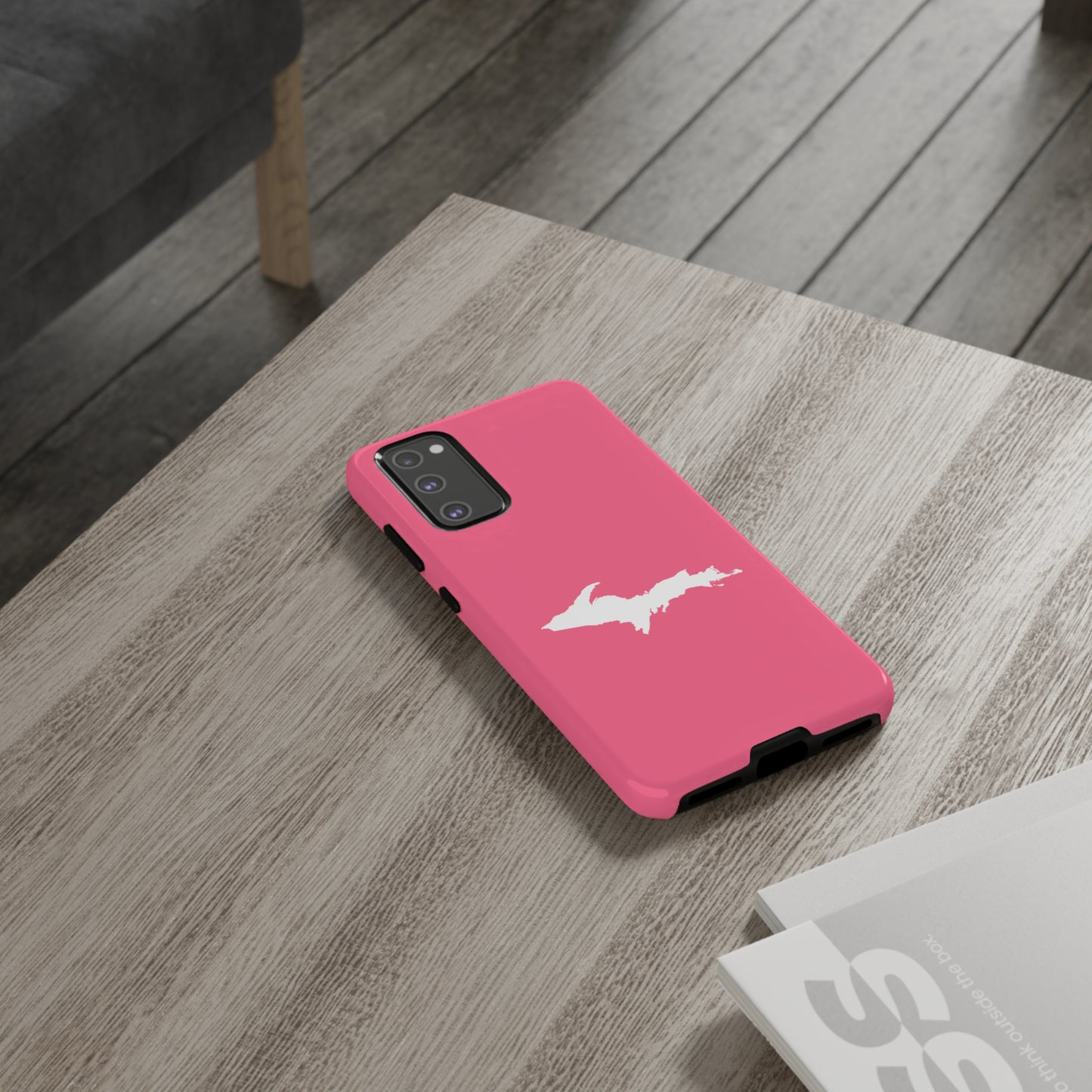 Michigan Upper Peninsula Tough Phone Case (Rhodochrosite Pink w/ UP Outline) | Samsung & Pixel Android