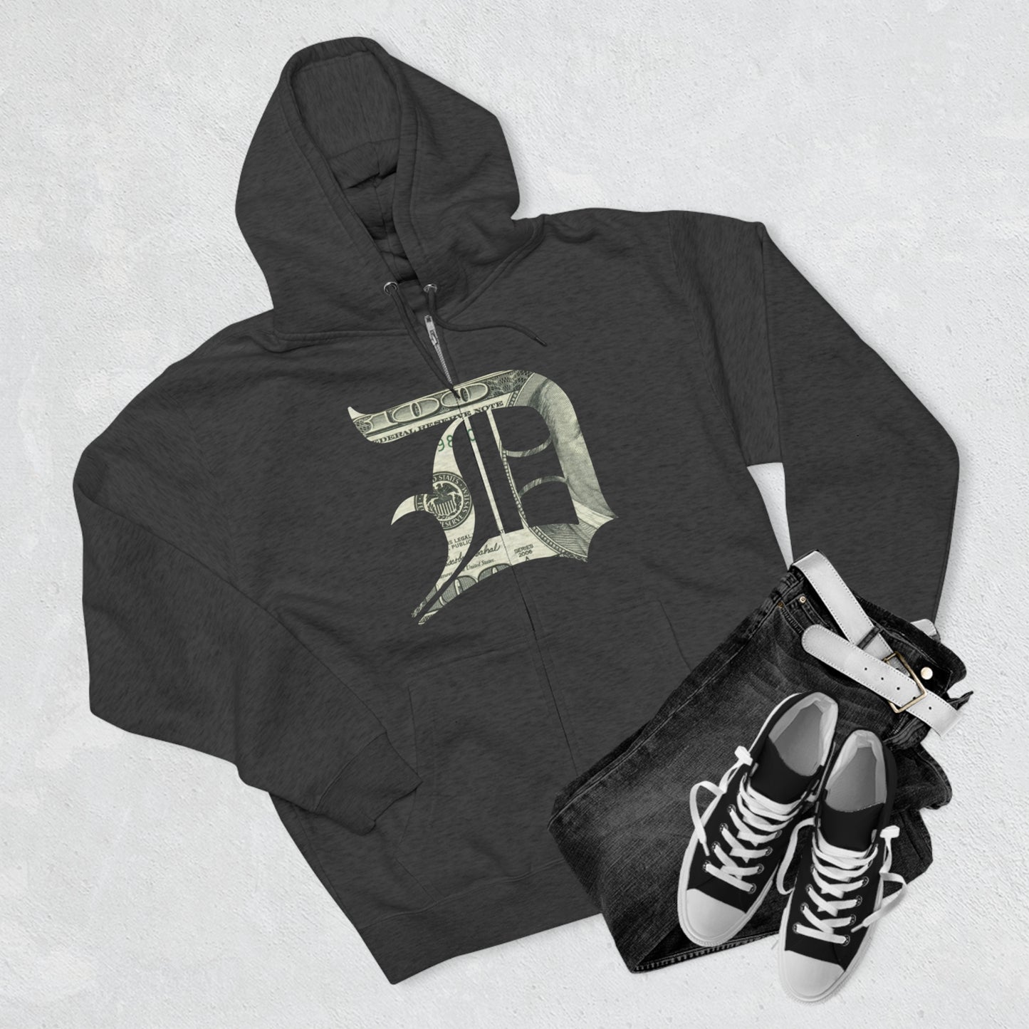 Detroit 'Old English D' Hoodie (Full-Body Benjamins Edition) | Unisex Full Zip