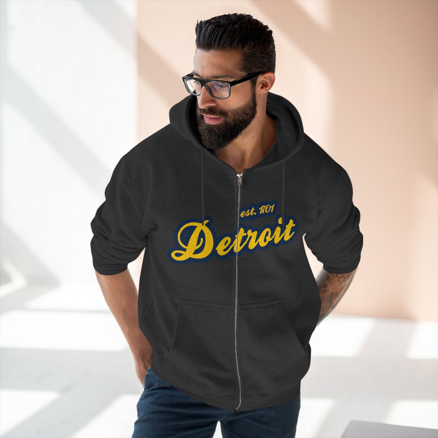 Detroit EST 1701' Hoodie (Gold/Navy Script Font) | Unisex Full Zip