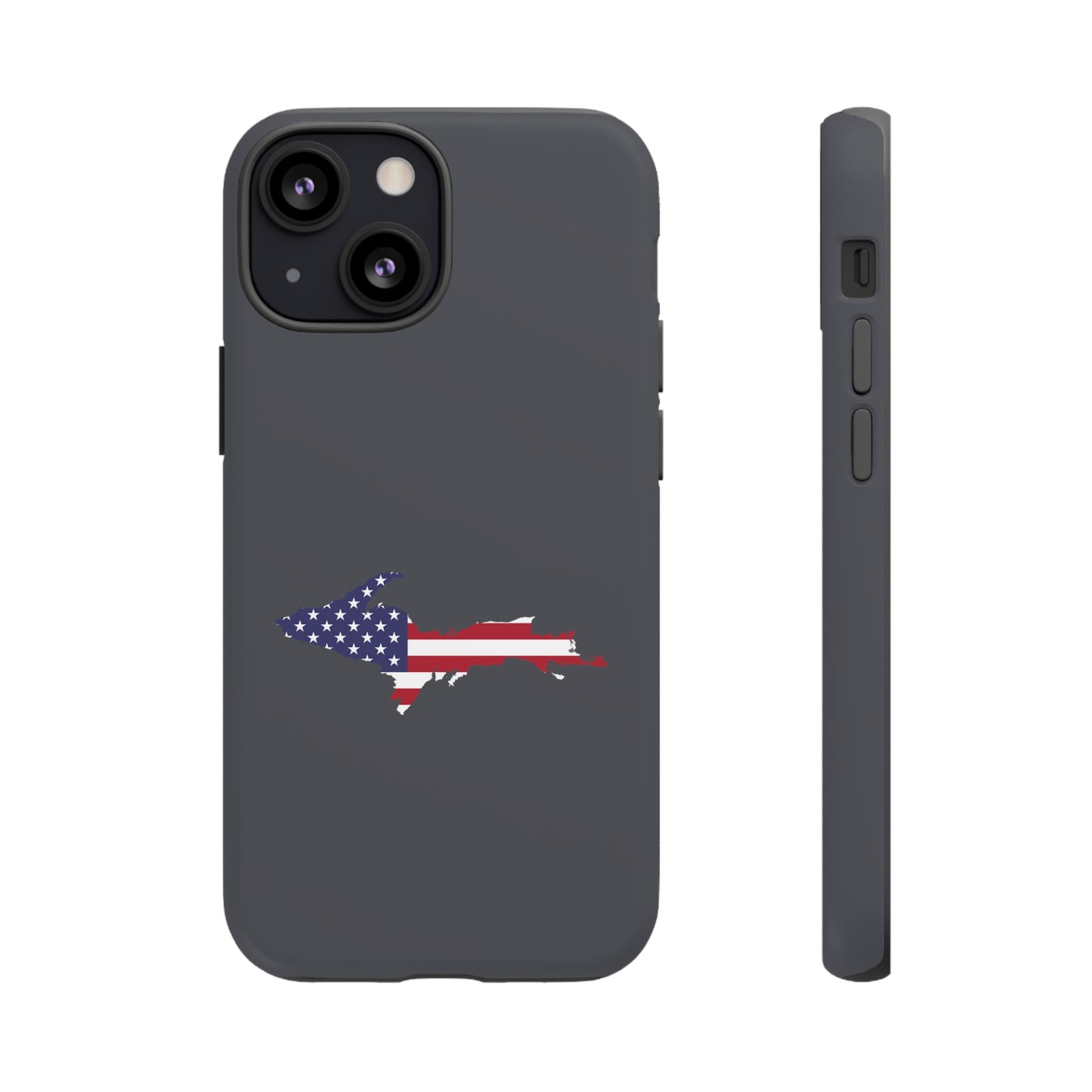 Michigan Upper Peninsula Tough Phone Case (Iron Ore Grey w/ UP USA Flag Outline) | Apple iPhone