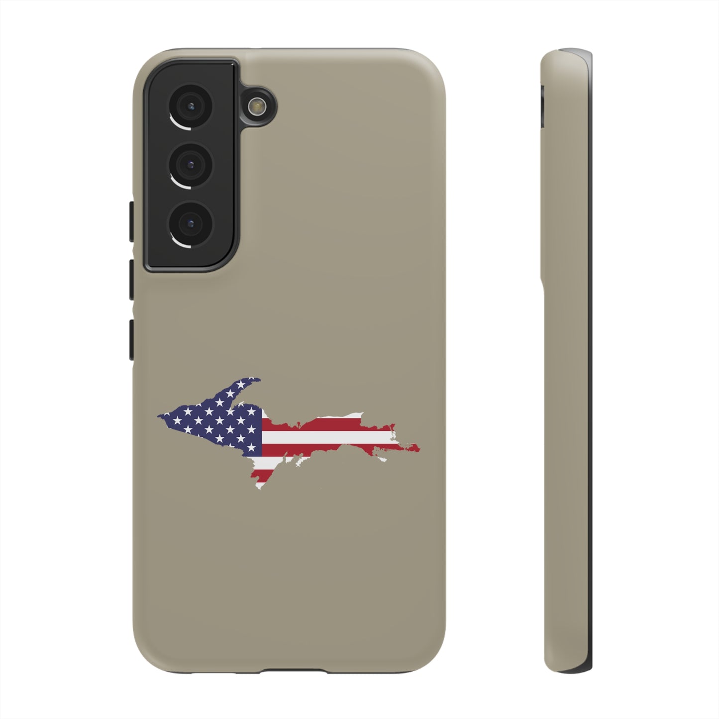 Michigan Upper Peninsula Tough Phone Case (Petoskey Stone Beige w/ UP USA Flag Outline) | Samsung & Pixel Android