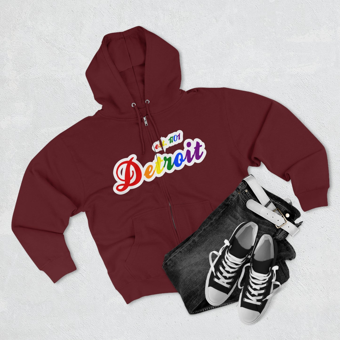 'Detroit EST 1701' Hoodie (Rainbow Pride Script Font) | Unisex Full Zip