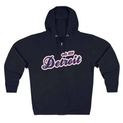 'Detroit EST 1701' Hoodie (Navy/Pink Script Font) | Unisex Full Zip