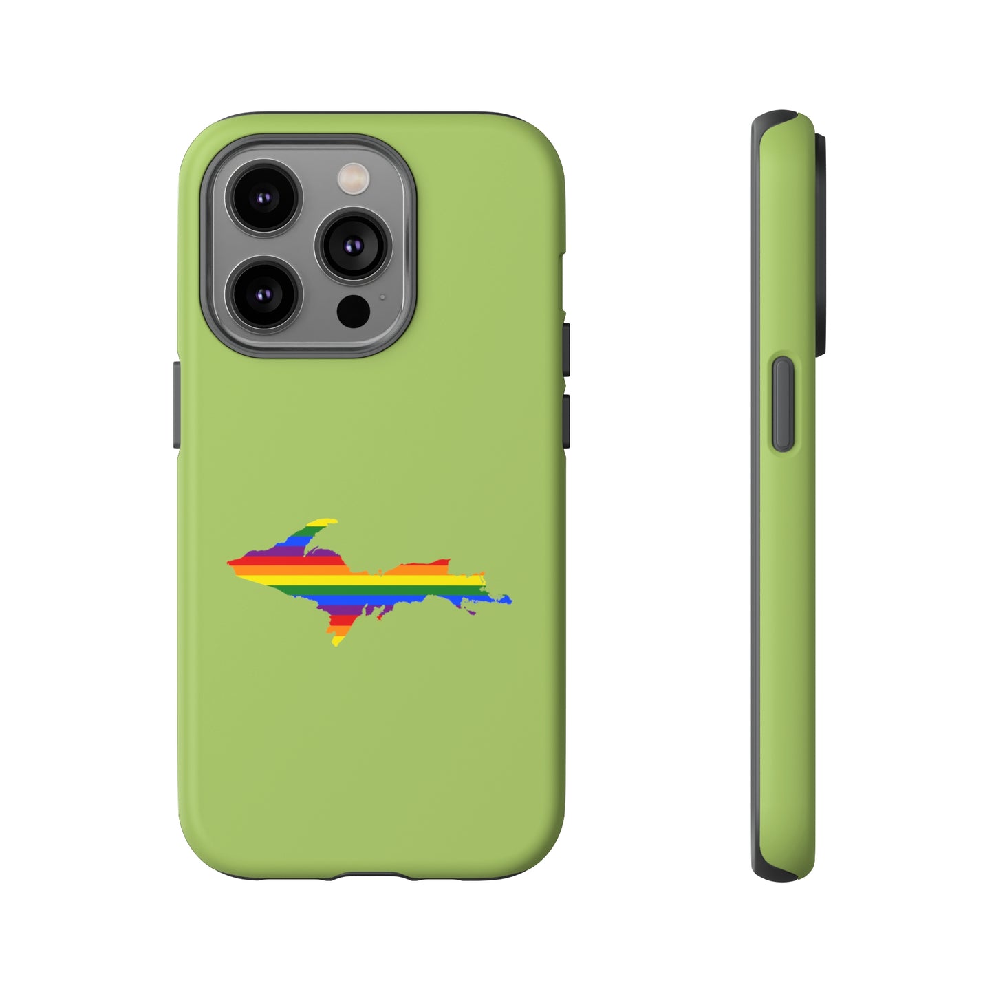 Michigan Upper Peninsula Tough Phone Case (Gooseberry Green w/ UP Pride Flag Outline) | Apple iPhone