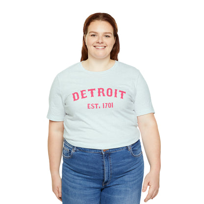 'Detroit EST. 1701' T-Shirt (Rhodochrosite Pink Ballpark Font) | Unisex Standard