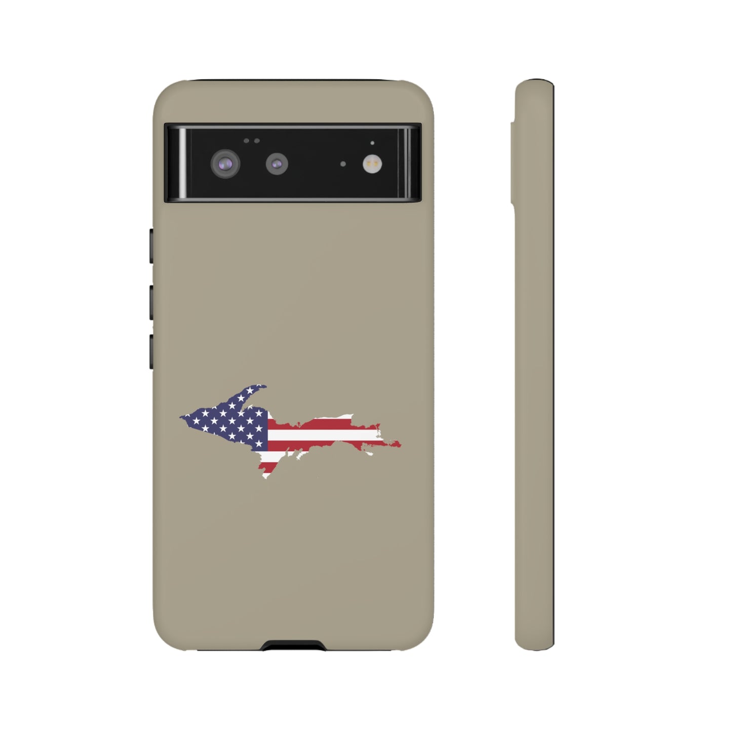 Michigan Upper Peninsula Tough Phone Case (Petoskey Stone Beige w/ UP USA Flag Outline) | Samsung & Pixel Android