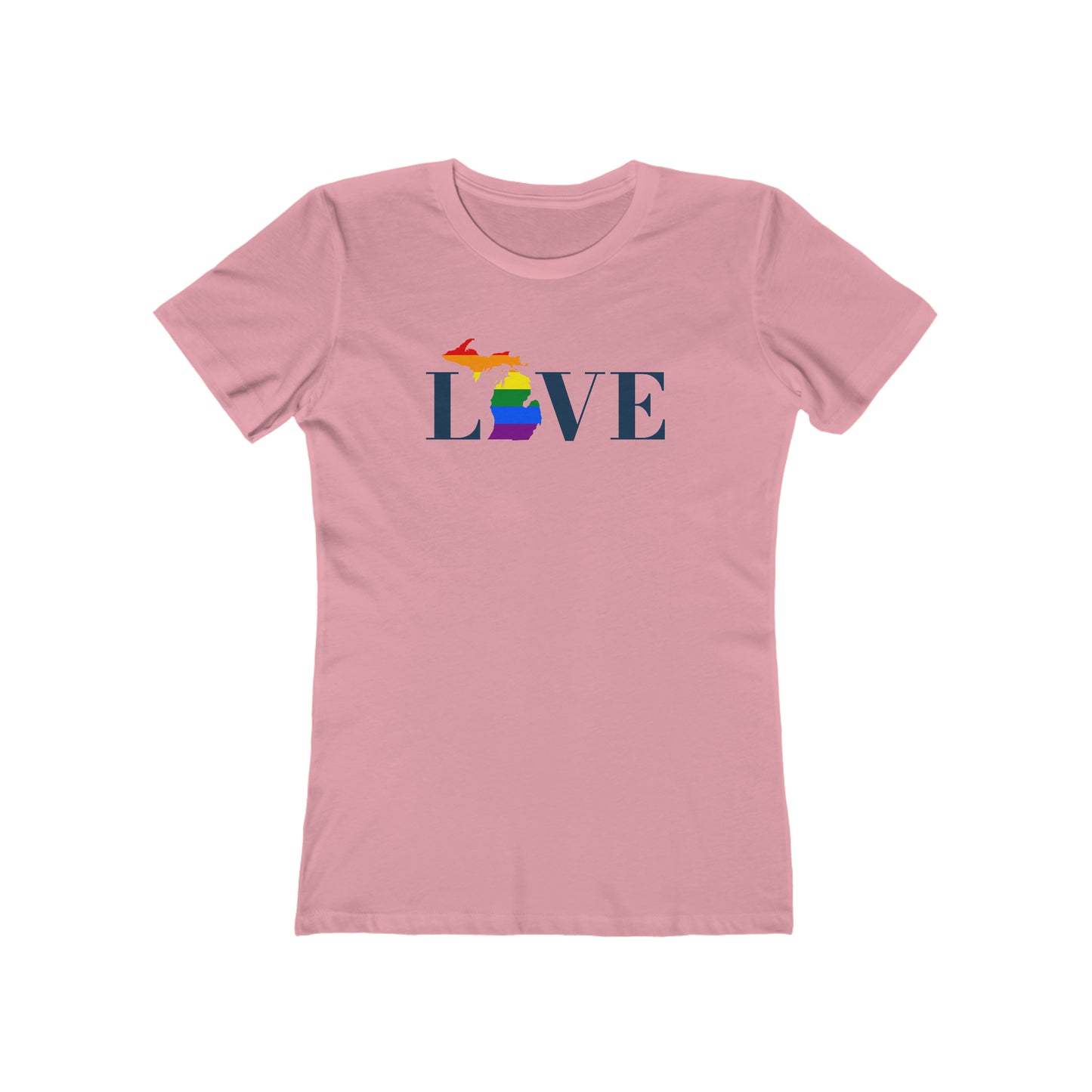 Michigan 'Love' T-Shirt (Didone Font w/ MI Pride Flag) | Women's Boyfriend Cut