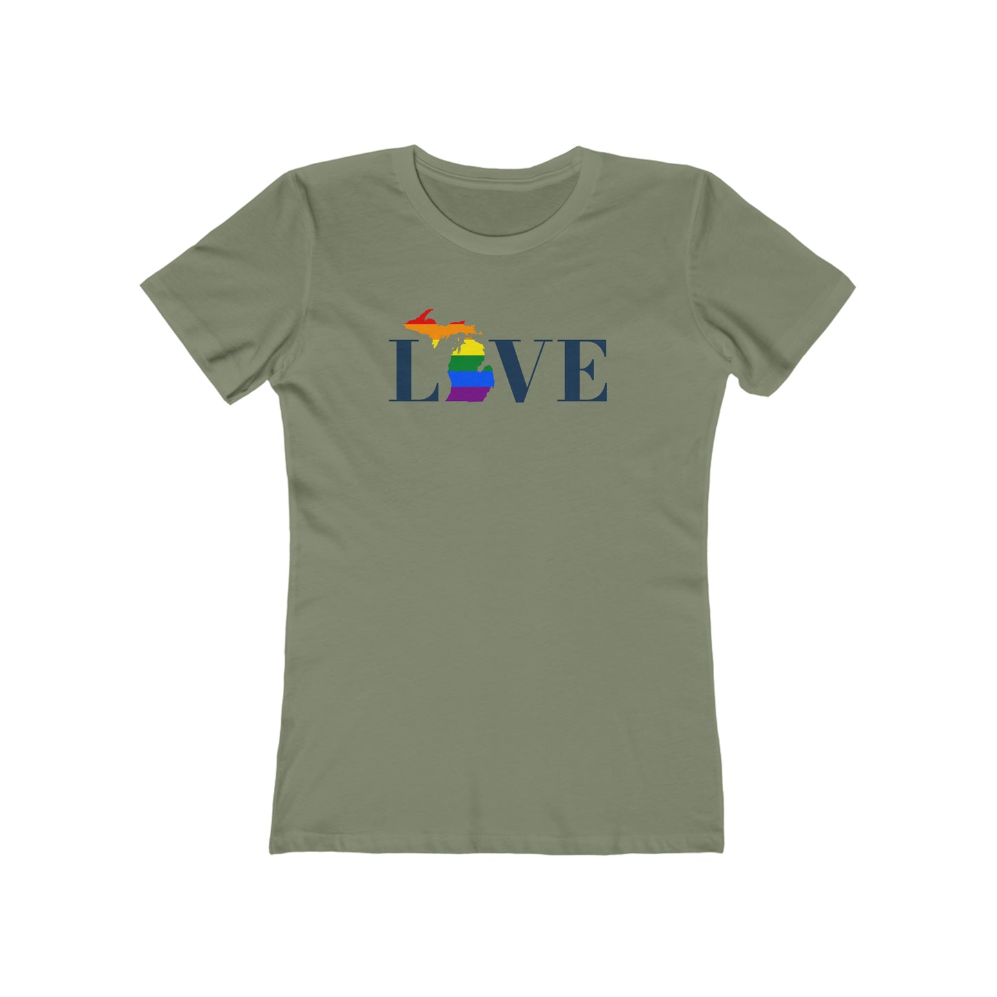 Michigan 'Love' T-Shirt (Didone Font w/ MI Pride Flag) | Women's Boyfriend Cut