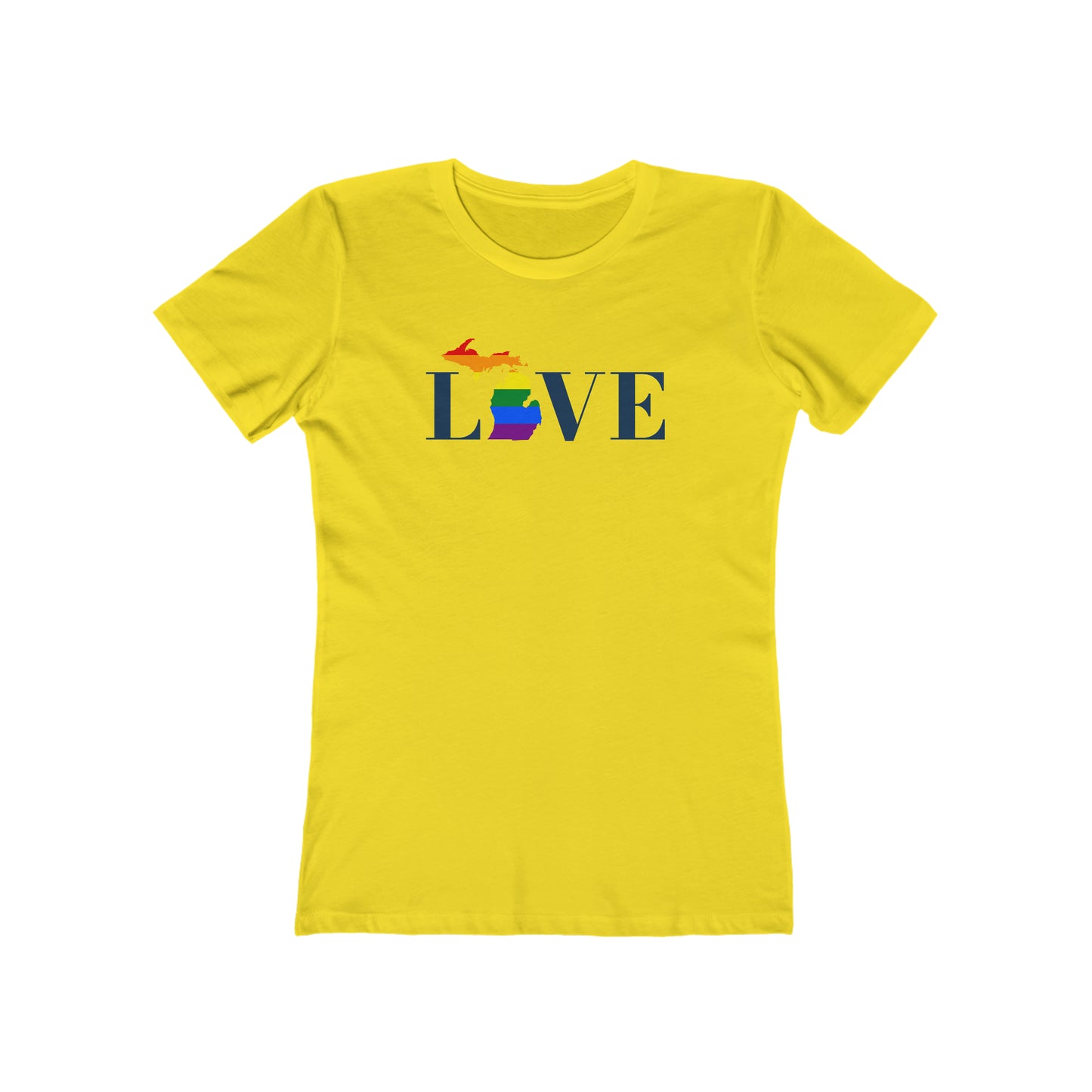 Michigan 'Love' T-Shirt (Didone Font w/ MI Pride Flag) | Women's Boyfriend Cut