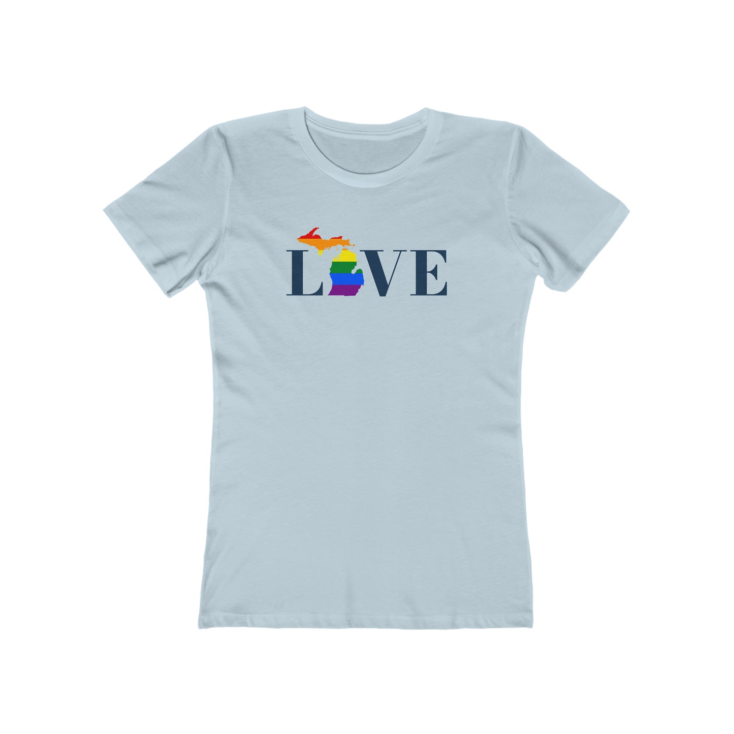 Michigan 'Love' T-Shirt (Didone Font w/ MI Pride Flag) | Women's Boyfriend Cut