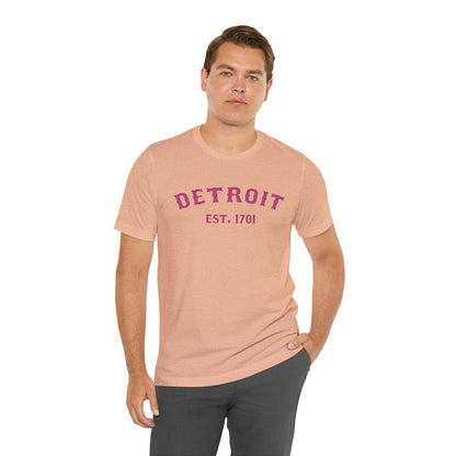 'Detroit EST. 1701' T-Shirt (Apple Blossom Pink Ballpark Font) | Unisex Standard