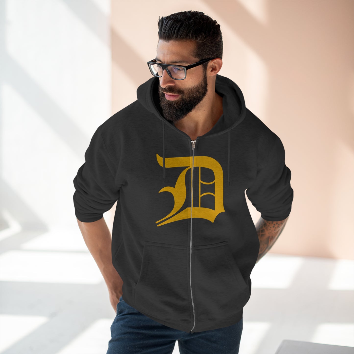 Detroit 'Old English D' Hoodie (Full-Body Gold) | Unisex Full Zip