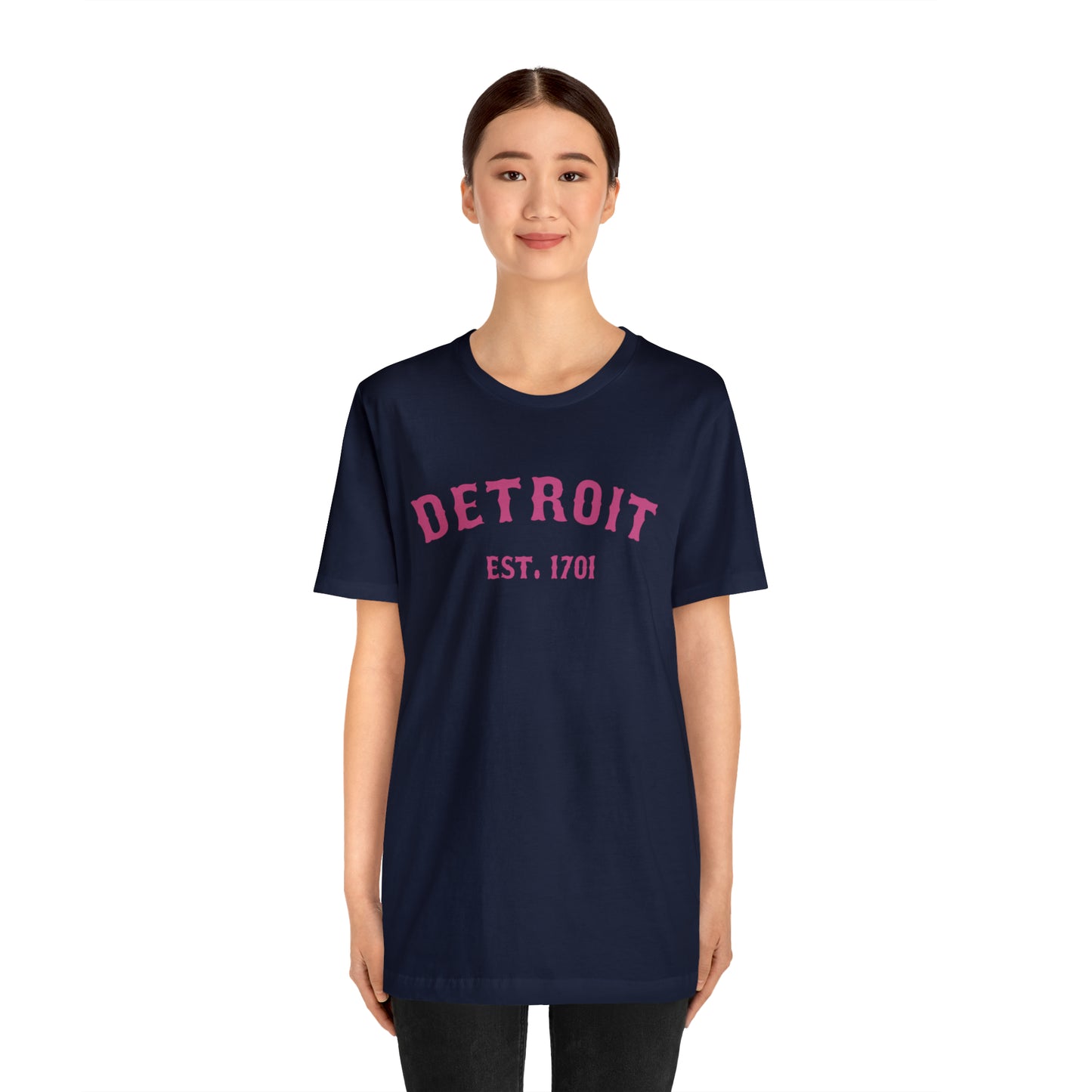 'Detroit EST. 1701' T-Shirt (Apple Blossom Pink Ballpark Font) | Unisex Standard