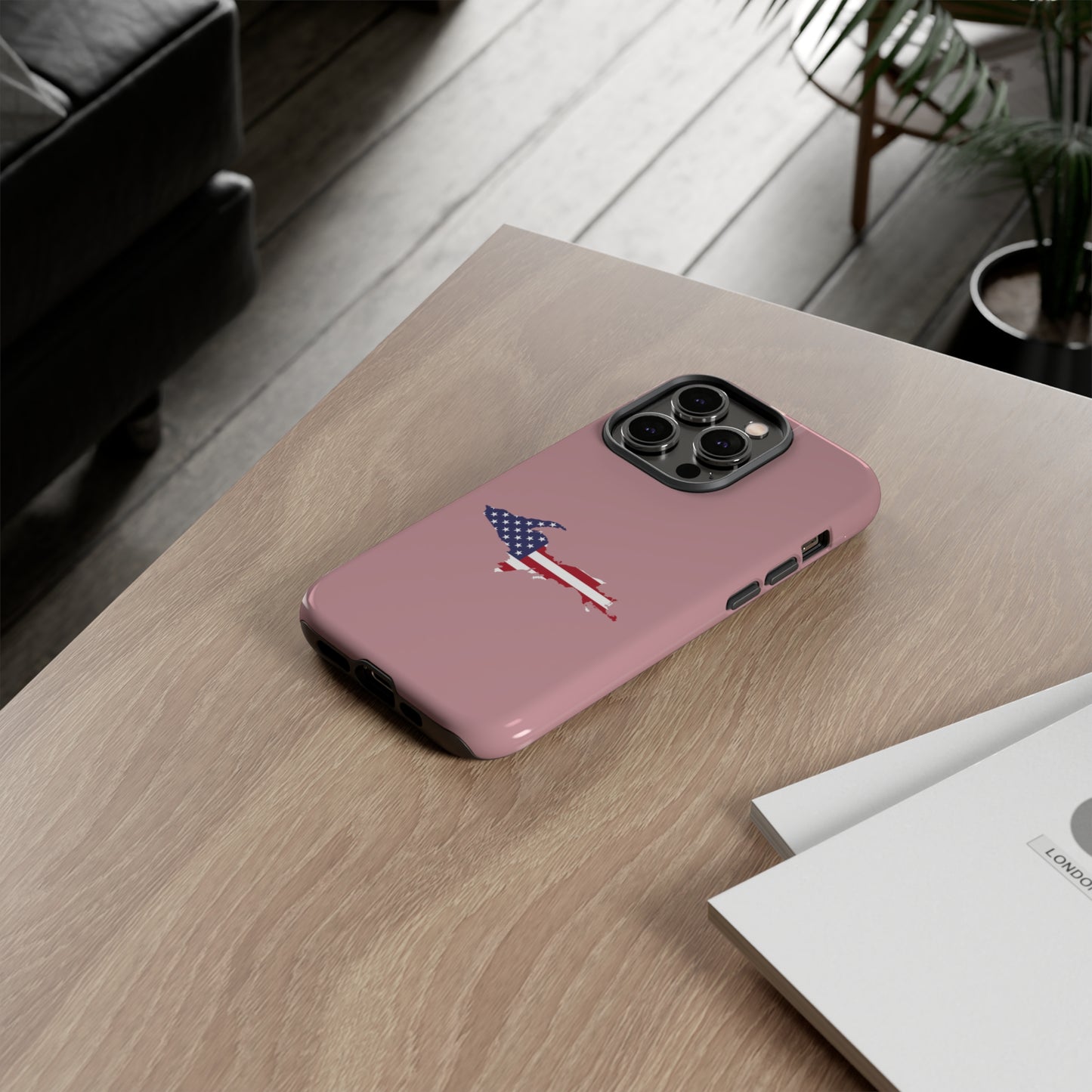 Michigan Upper Peninsula Tough Phone Case (Cherry Blossom Pink w/ UP USA Flag Outline) | Apple iPhone