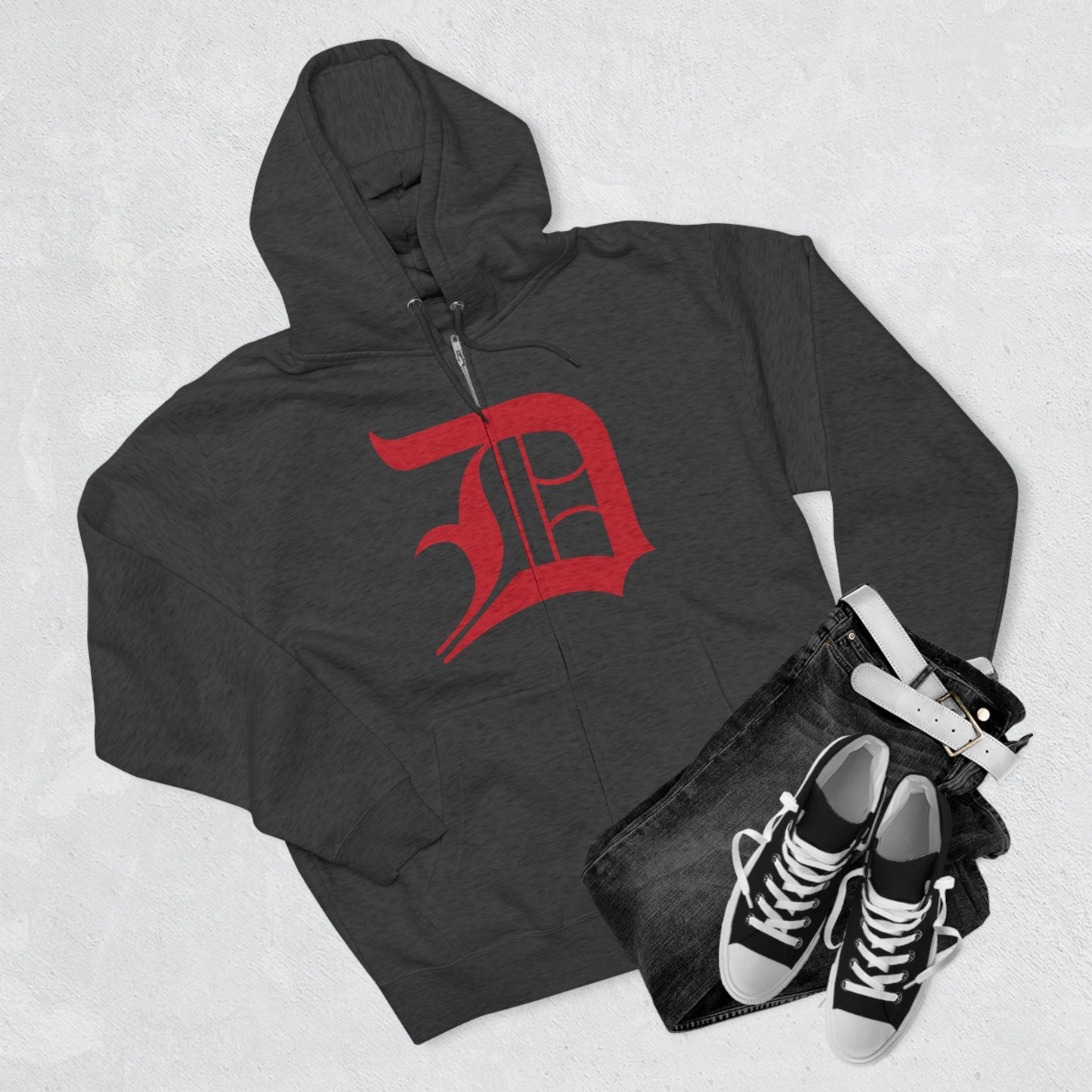 Detroit 'Old English D' Hoodie (Full-Body Aliform Red) | Unisex Full Zip