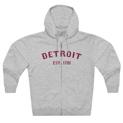 'Detroit EST. 1701' Hoodie (Ruby Red Ballpark Font) | Unisex Full Zip