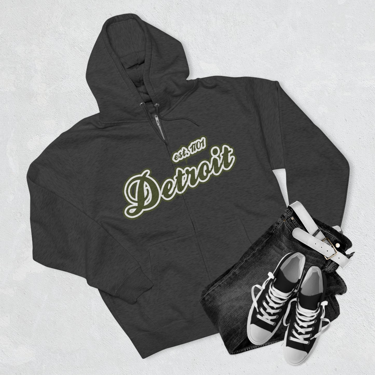 'Detroit EST 1701' Hoodie (Army Green Script Font) | Unisex Full Zip