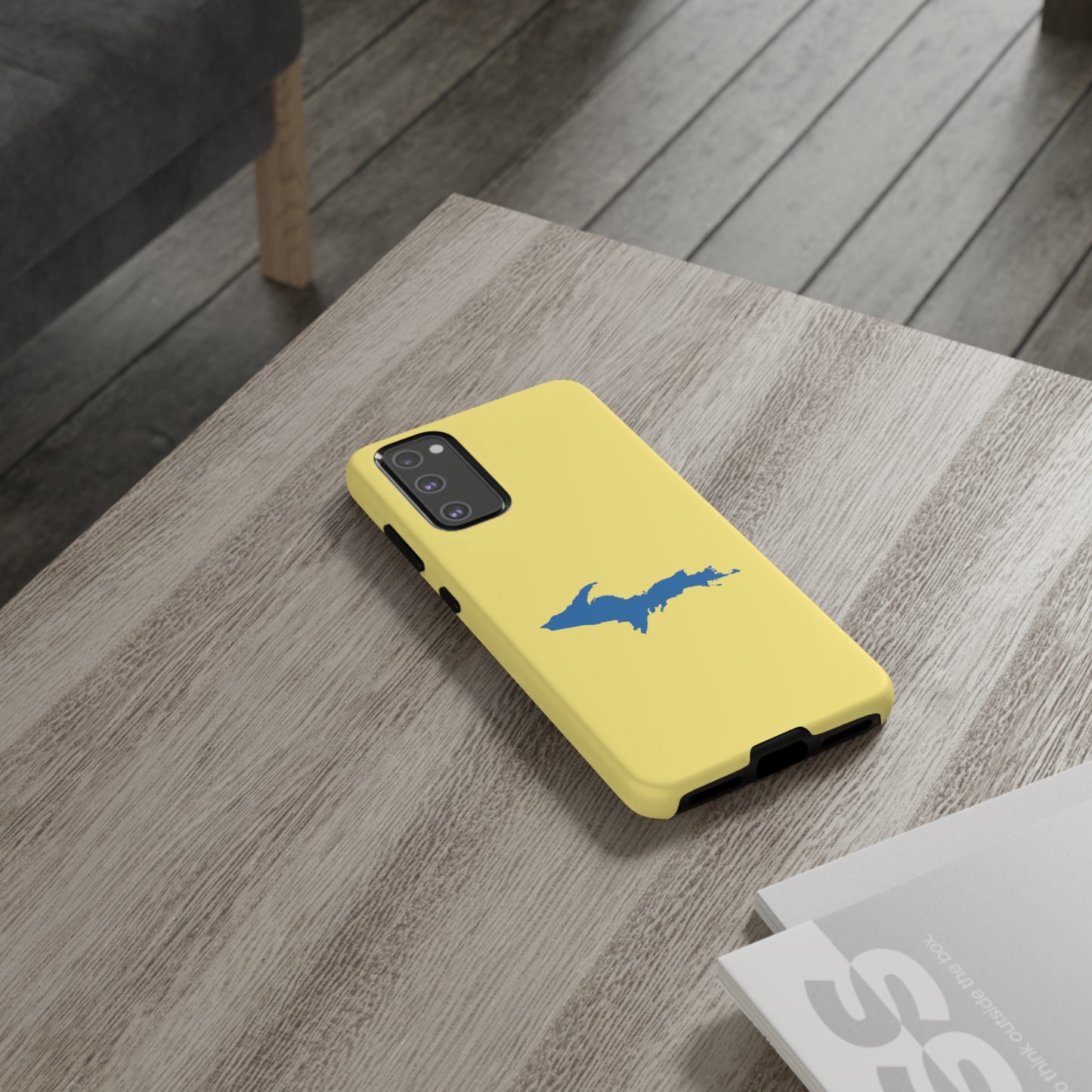 Michigan Upper Peninsula Tough Phone Case (Yellow Cherry w/ Azure UP Outline) | Samsung & Pixel Android