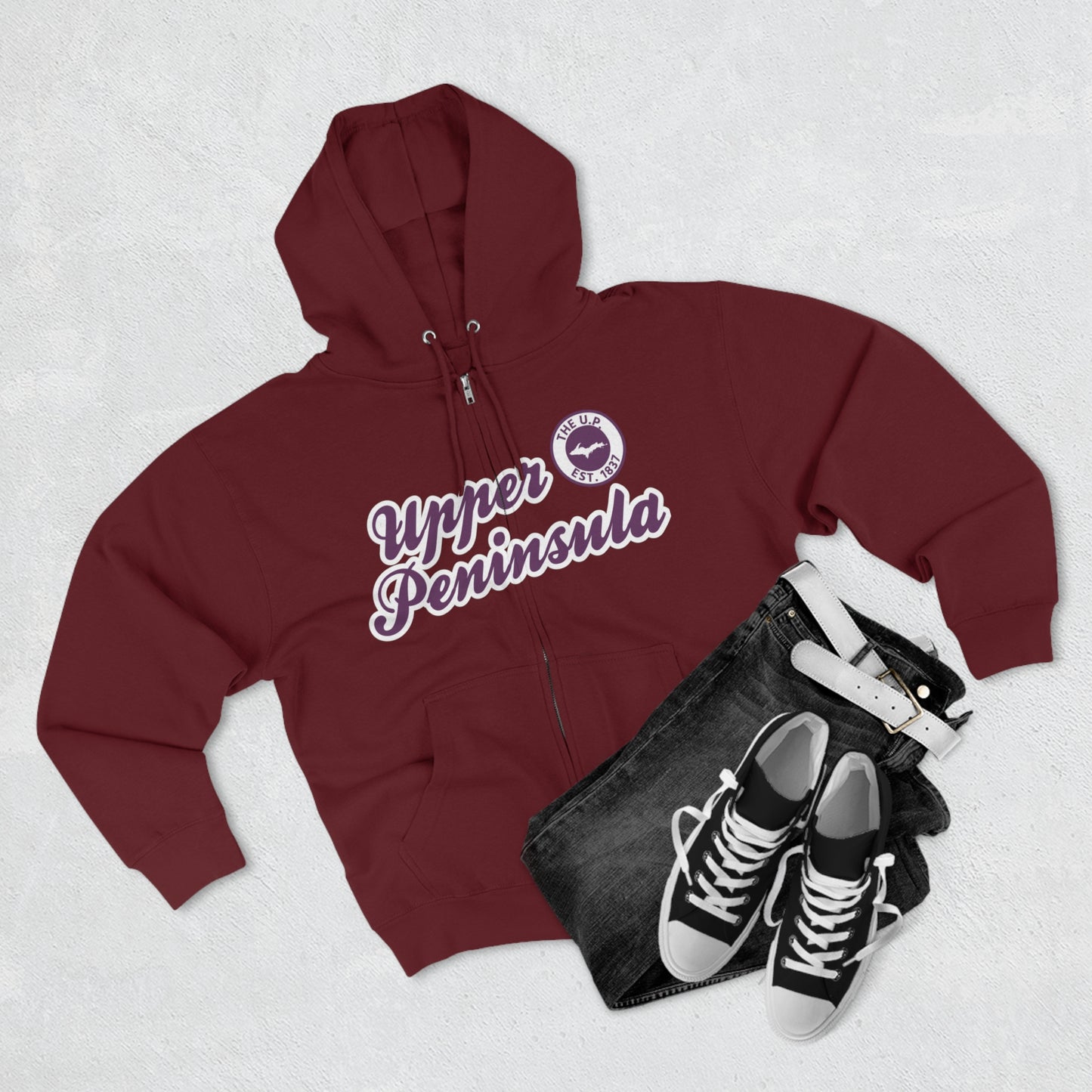 'Upper Peninsula EST 1837' Hoodie (Plum Script Font) | Unisex Full Zip