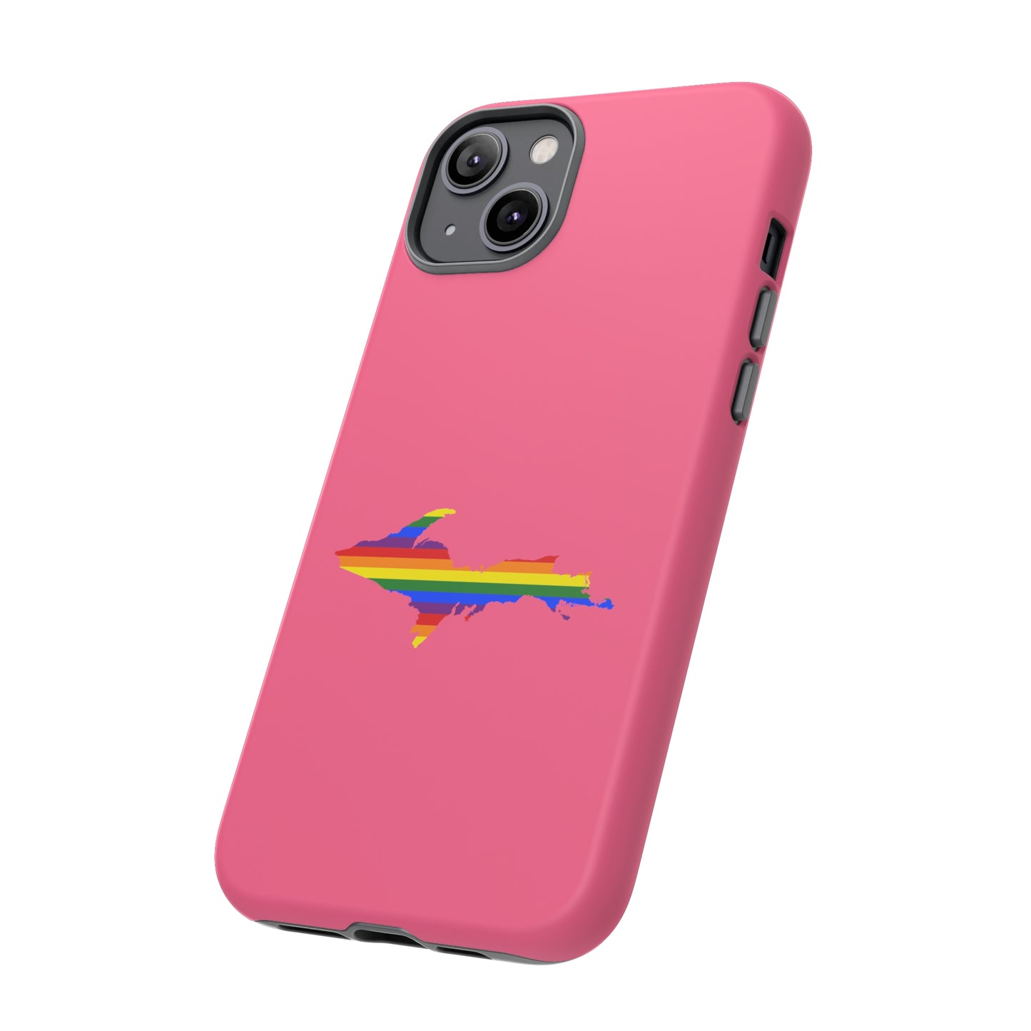 Michigan Upper Peninsula Tough Phone Case (Rhodochrosite Pink w/ UP Pride Flag Outline) | Apple iPhone