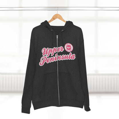 Upper Peninsula EST 1837' Hoodie (Rhodochrosite Pink Script Font) | Unisex Full Zip