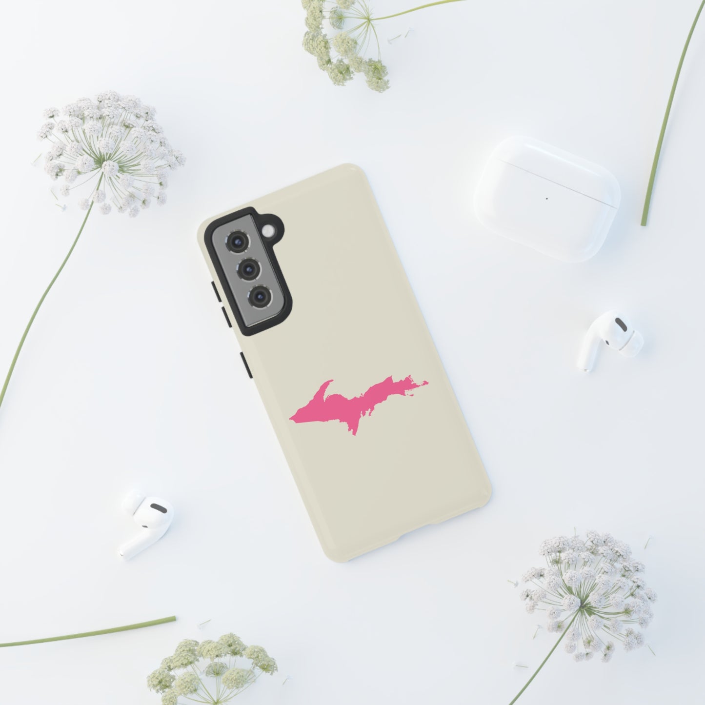 Michigan Upper Peninsula Tough Phone Case (Ivory Color w/ Pink UP Outline) | Samsung & Pixel Android