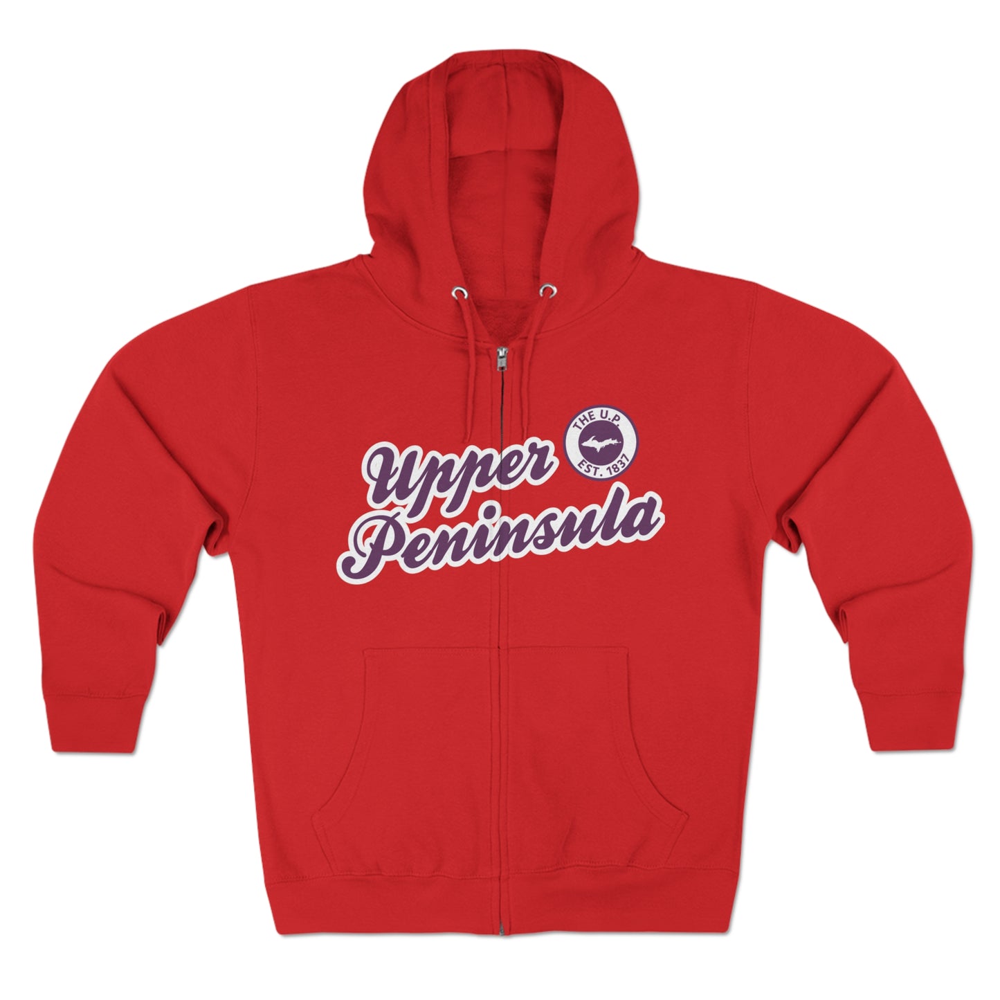 'Upper Peninsula EST 1837' Hoodie (Plum Script Font) | Unisex Full Zip