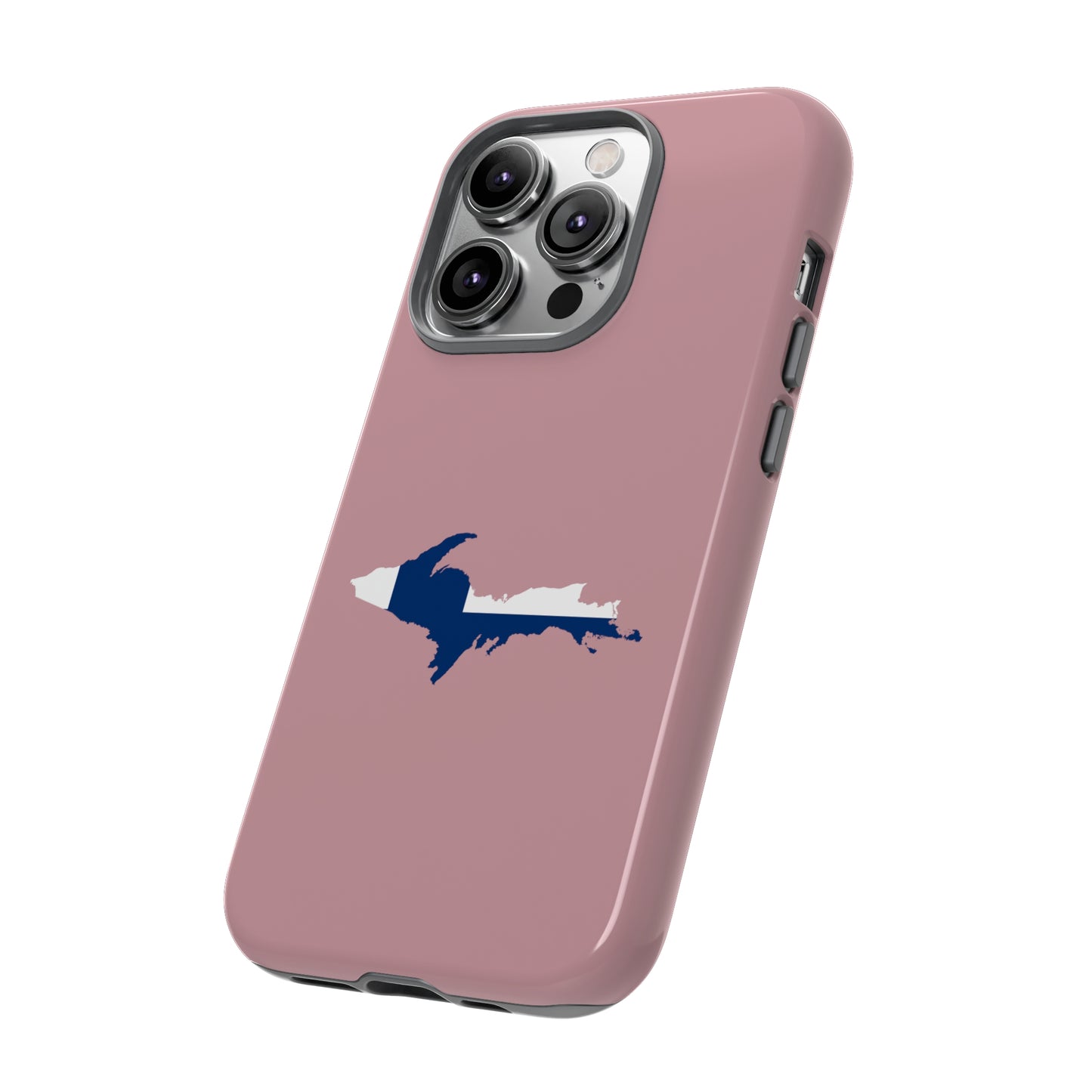 Michigan Upper Peninsula Tough Phone Case (Cherry Blossom Pink w/ UP Finland Flag Outline) | Apple iPhone